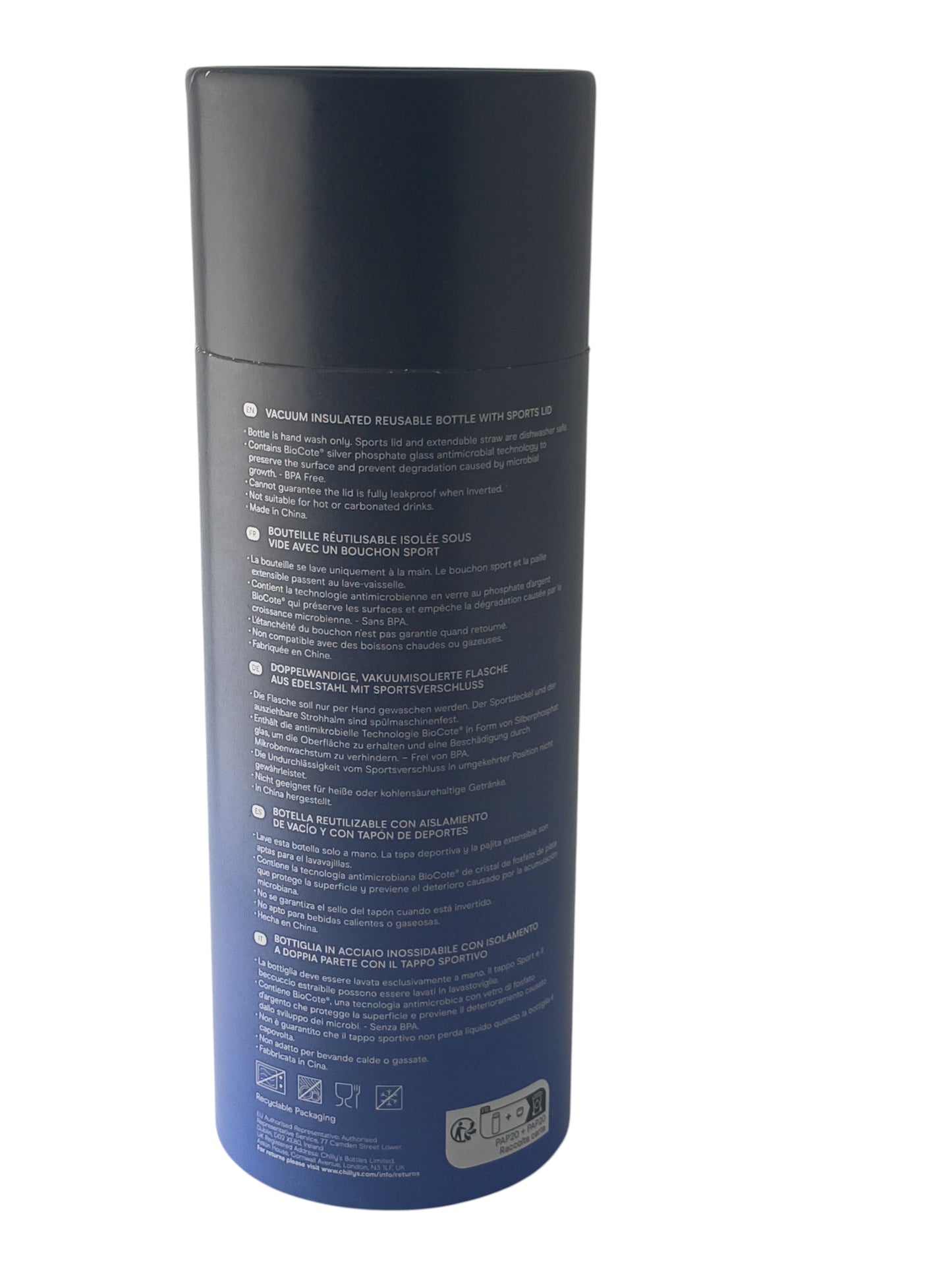 Department Store UK Chilly's Series 2 Midnight ombre water bottle packaging back view with product information