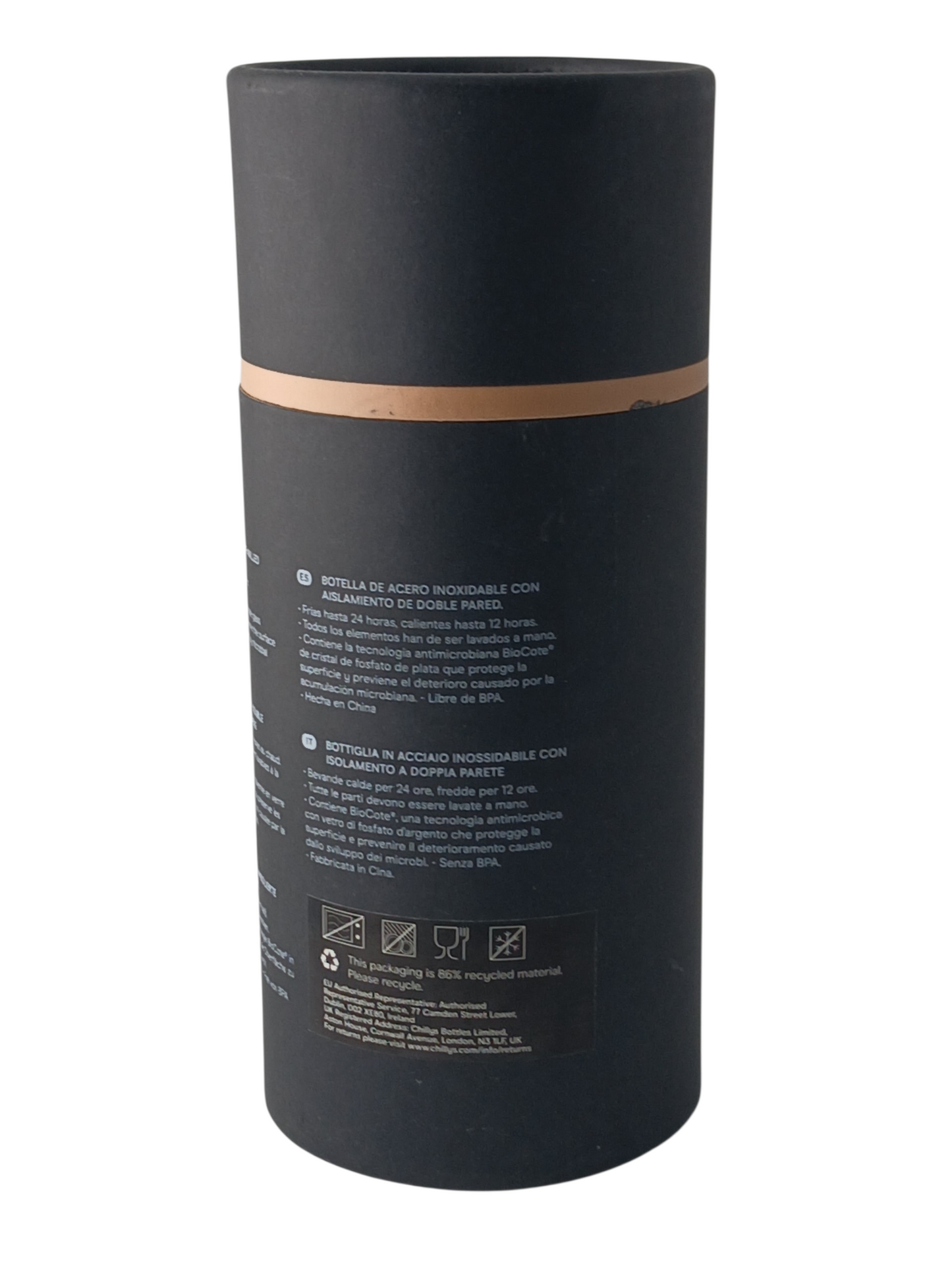 Department Store UK Chilly's Series 2 reusable bottle black cylindrical packaging with product information