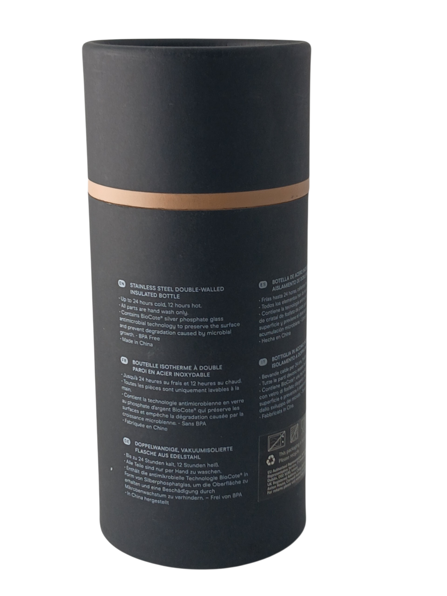 Department Store UK Chilly's Series 2 insulated bottle packaging with multilingual product information in black