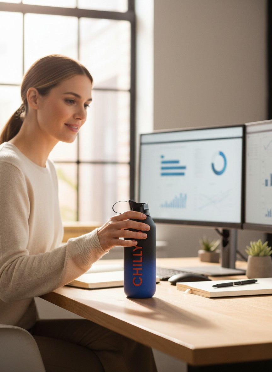 Department Store UK Chilly's Series 2 Midnight ombre water bottle held by a woman at an office desk.