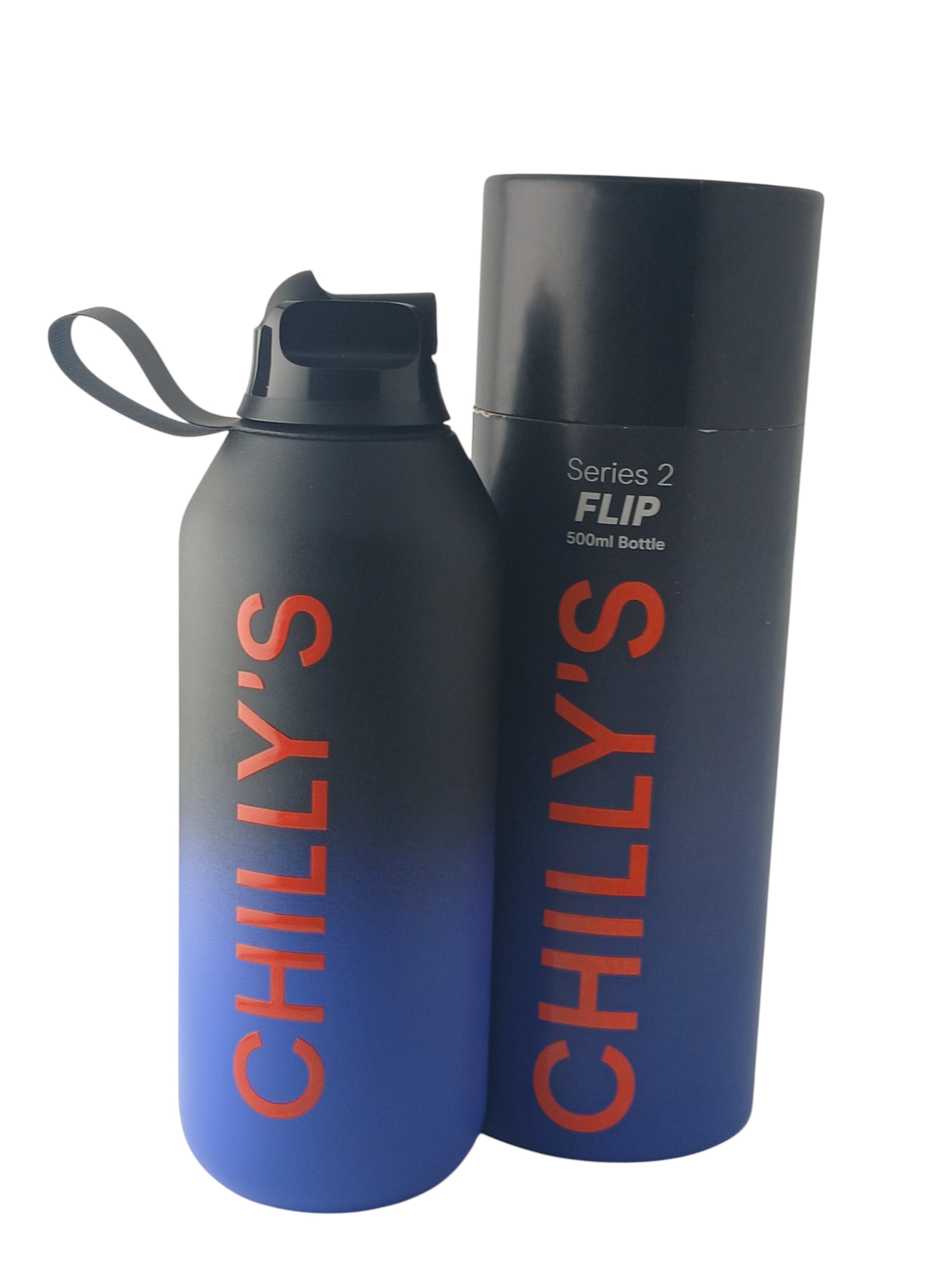 Department Store UK Chilly's Series 2 Midnight ombre reusable water bottle with flip lid and matching storage tube.