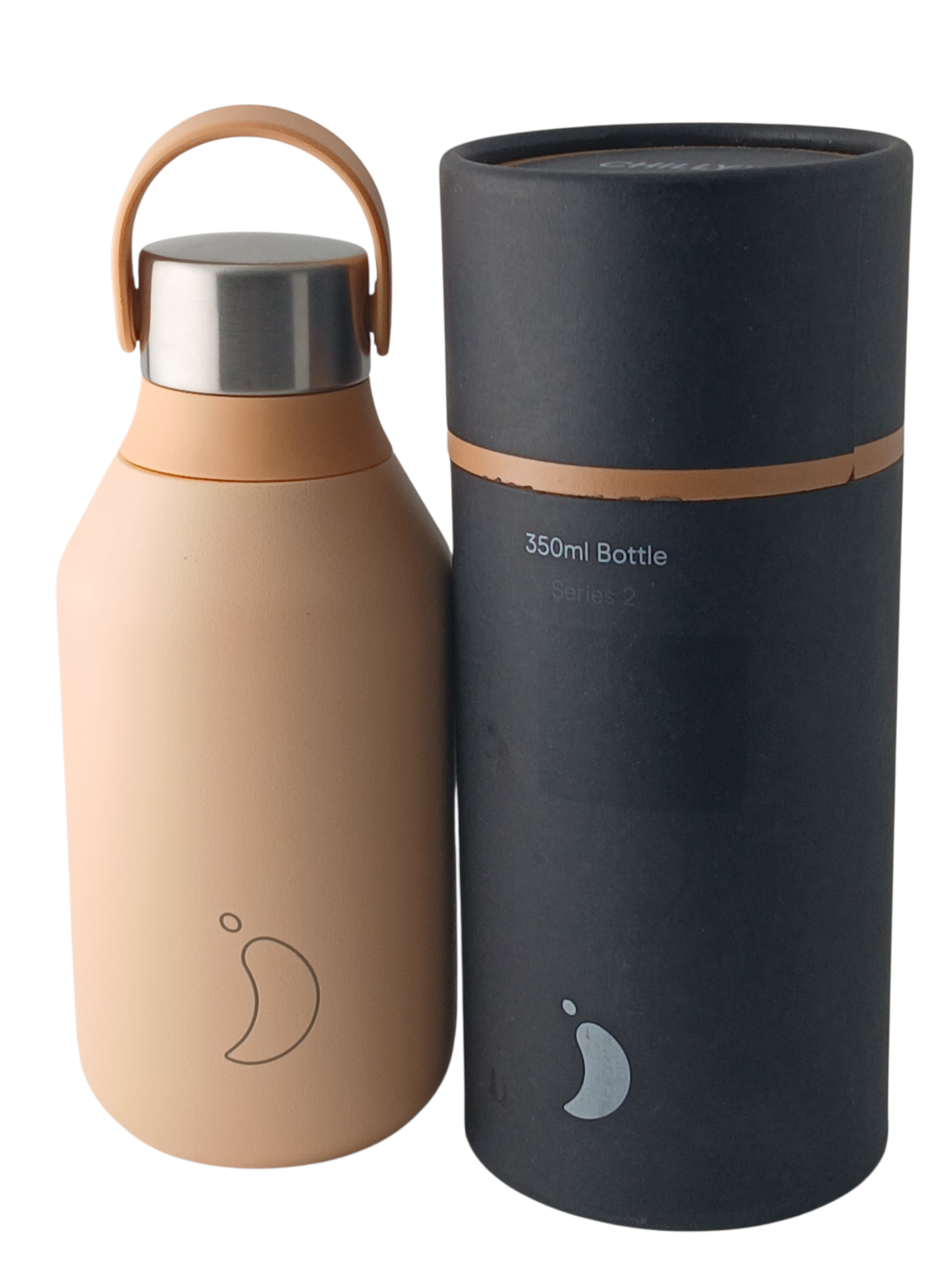 Department Store UK Chilly's Series 2 peach orange insulated stainless steel bottle with carry loop and gift tube.