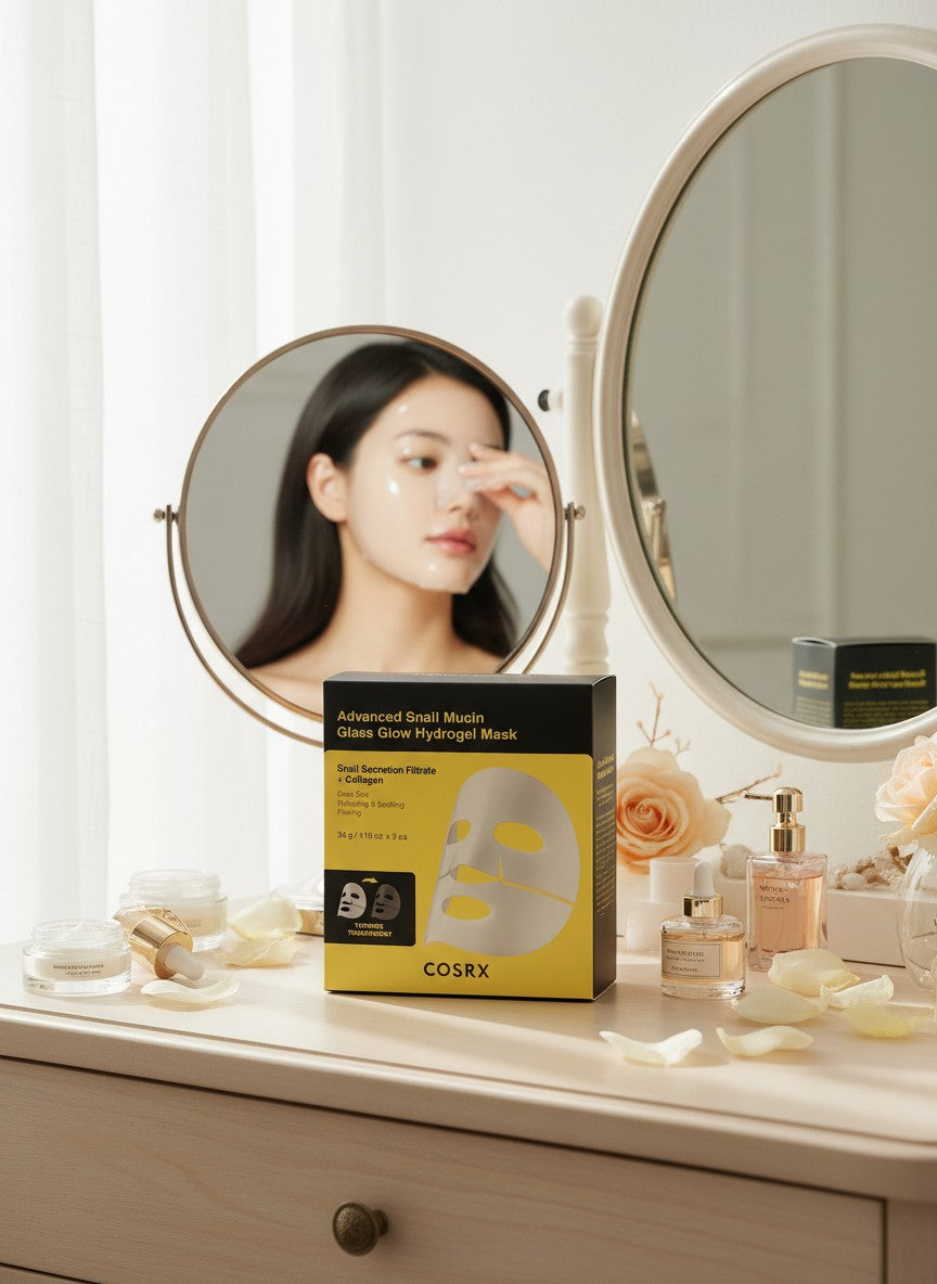 Department Store UK COSRX Advanced Snail Mucin hydrogel mask box on a vanity table with a woman applying a mask