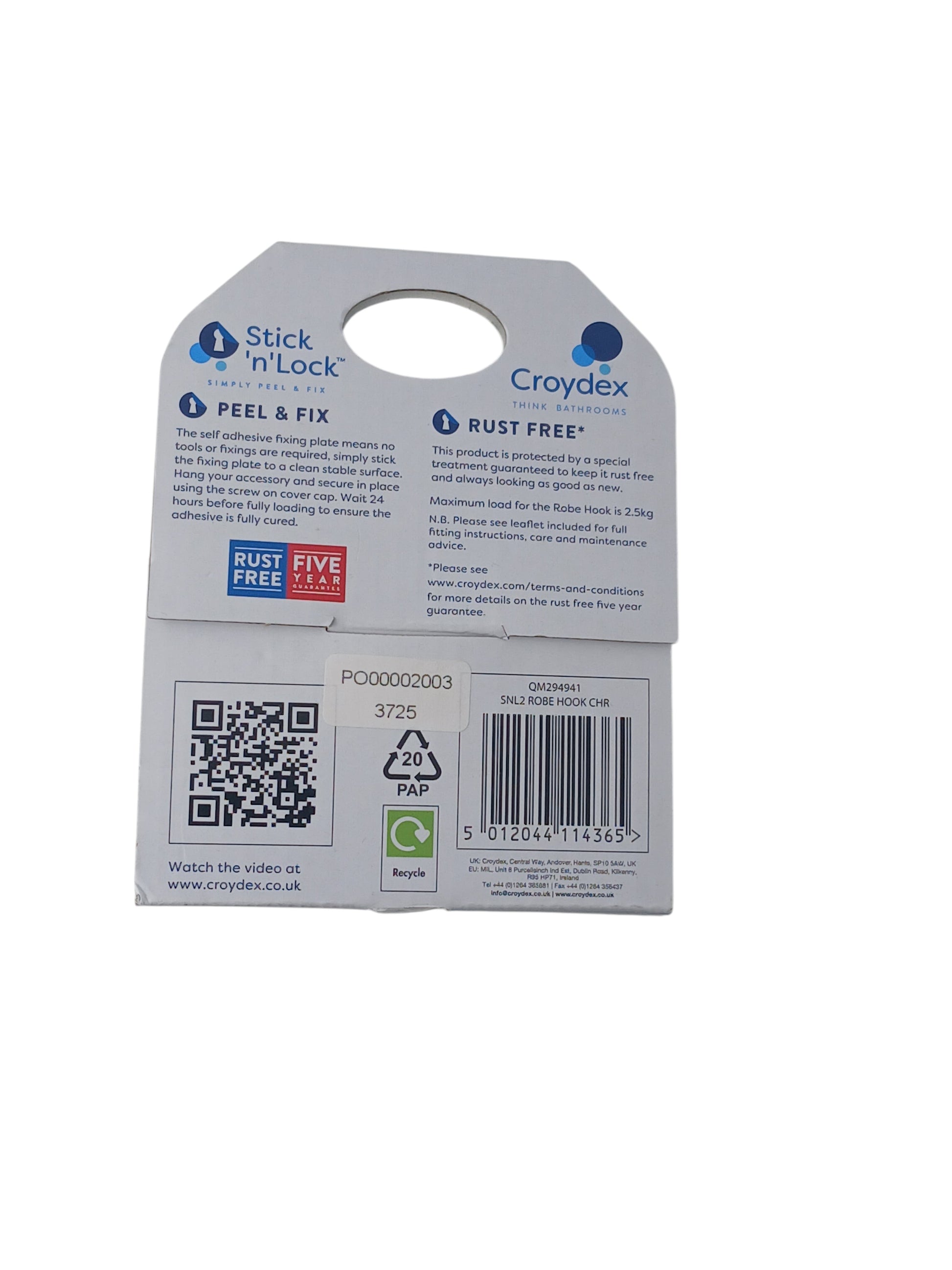 Department Store UK Croydex Stick 'N' Lock adhesive robe hook packaging back view with installation instructions