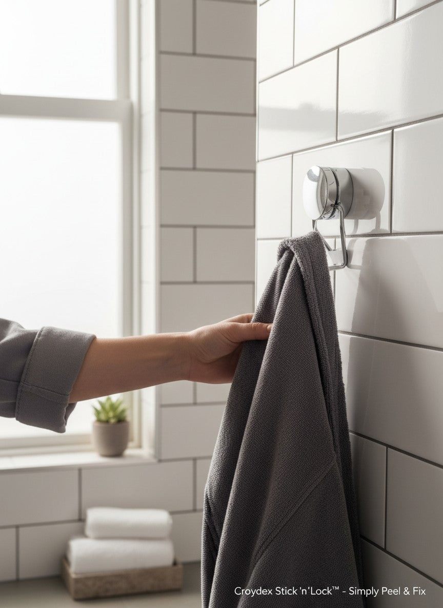 Department Store UK Croydex chrome adhesive robe hook mounted on white subway tiles holding a grey towel
