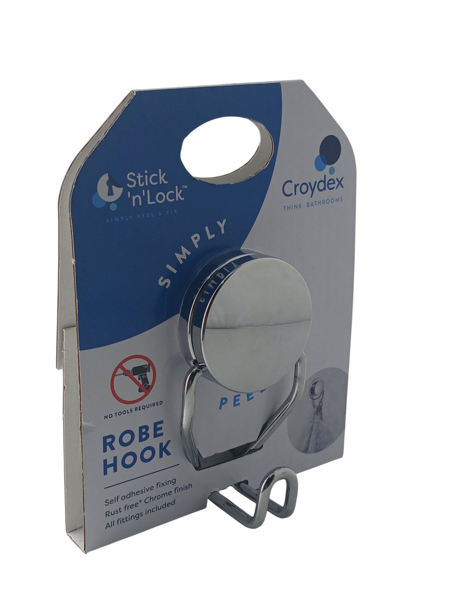Department Store UK Croydex Stick 'N' Lock chrome adhesive robe hook in retail packaging