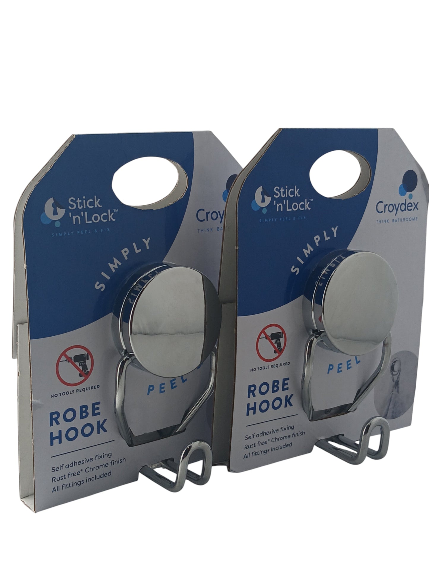 Department Store UK twin pack of Croydex Stick 'N' Lock chrome adhesive robe hooks in original retail packaging.