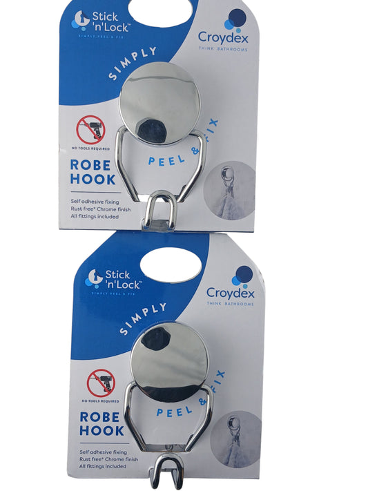 Department Store UK twin pack of Croydex Stick 'N' Lock chrome adhesive robe hooks in original packaging.