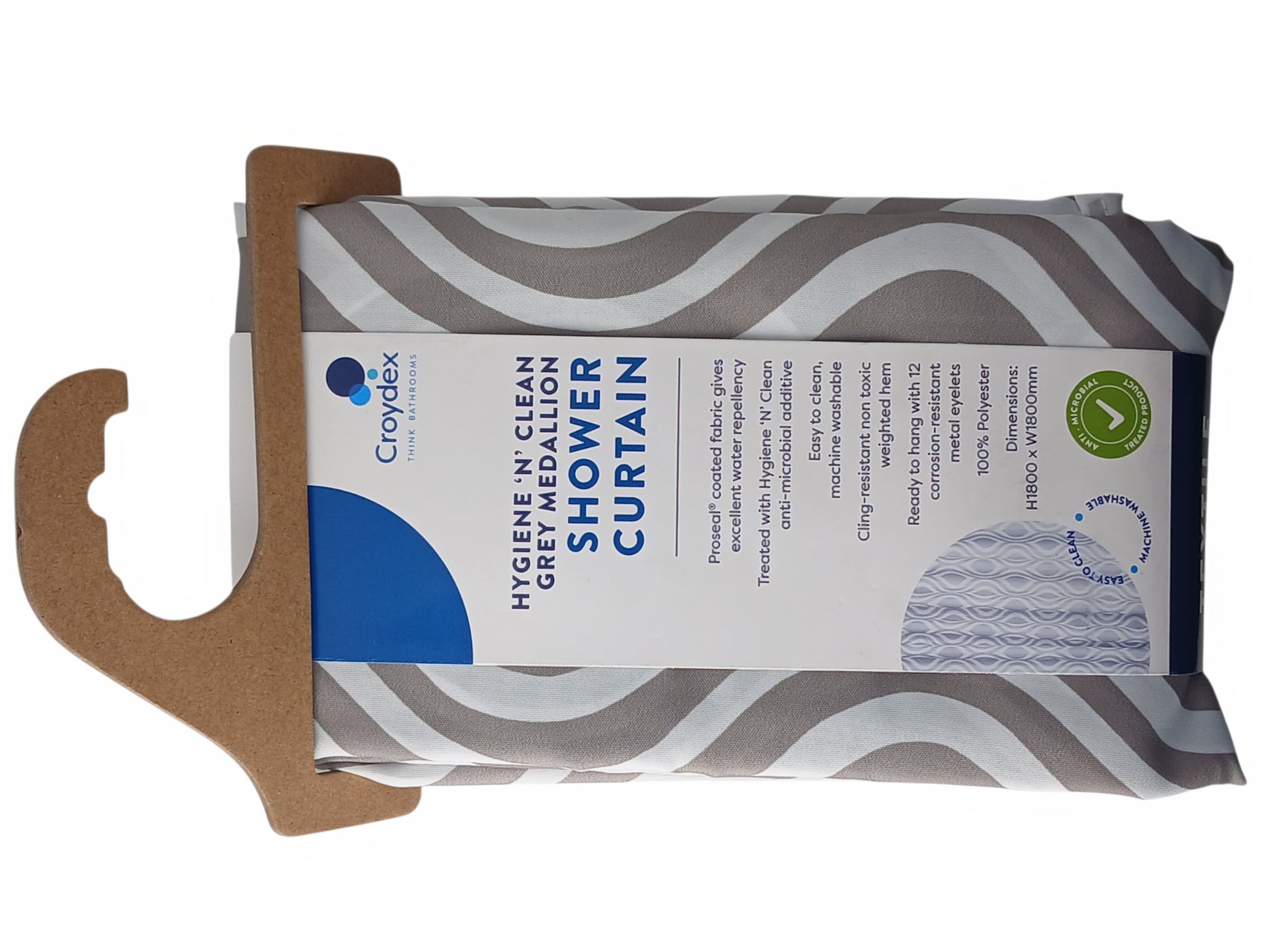Department Store UK Croydex grey and white medallion patterned textile shower curtain in packaging