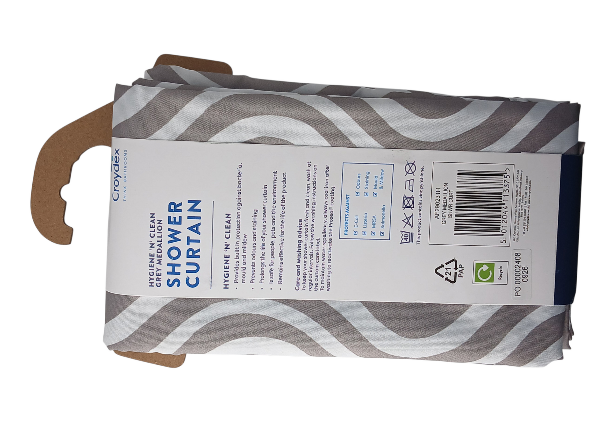 Department Store UK Croydex grey and white medallion patterned textile shower curtain with anti-microbial packaging
