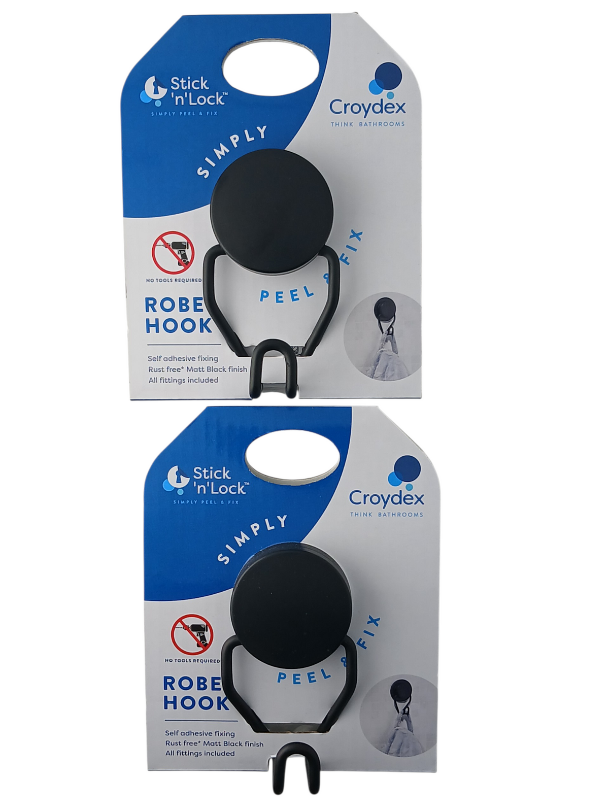 Department Store UK Croydex Stick 'n' Lock matt black self-adhesive bathroom robe hook in retail packaging