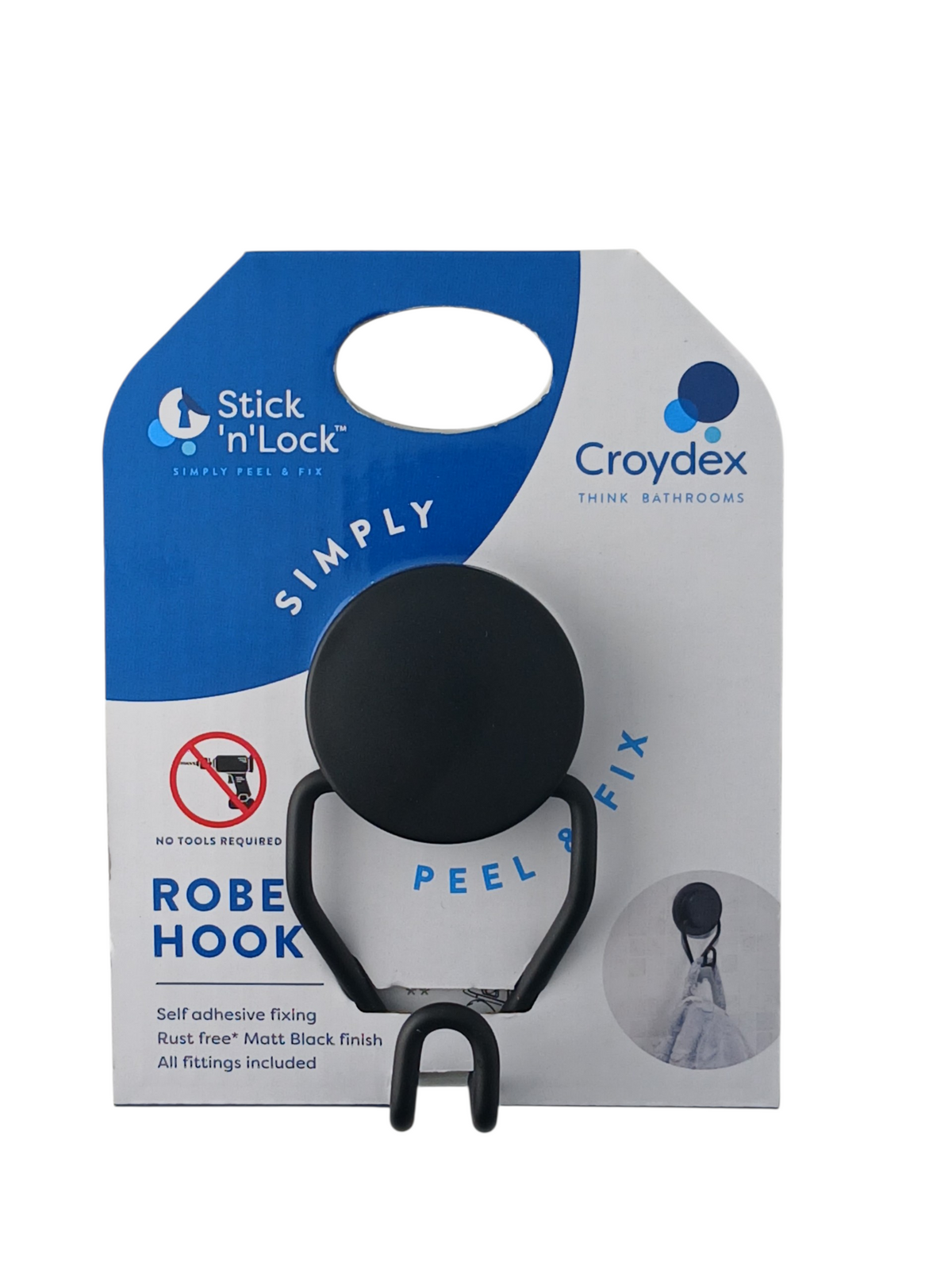 Department Store UK Croydex matt black self-adhesive robe hook on retail packaging with no-drill installation