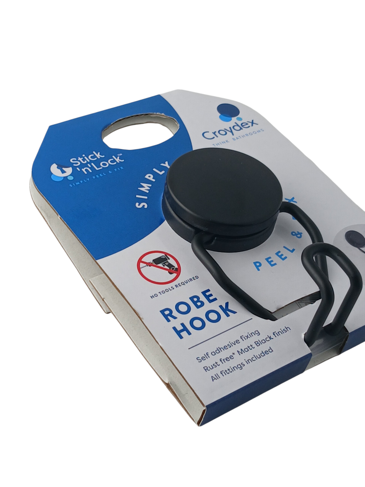 Department Store UK Croydex Stick 'n' Lock matt black bathroom robe hook in retail packaging