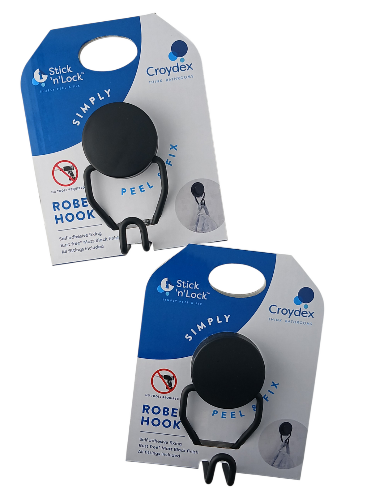 Department Store UK Croydex Stick 'n' Lock matt black adhesive bathroom robe hook in retail packaging