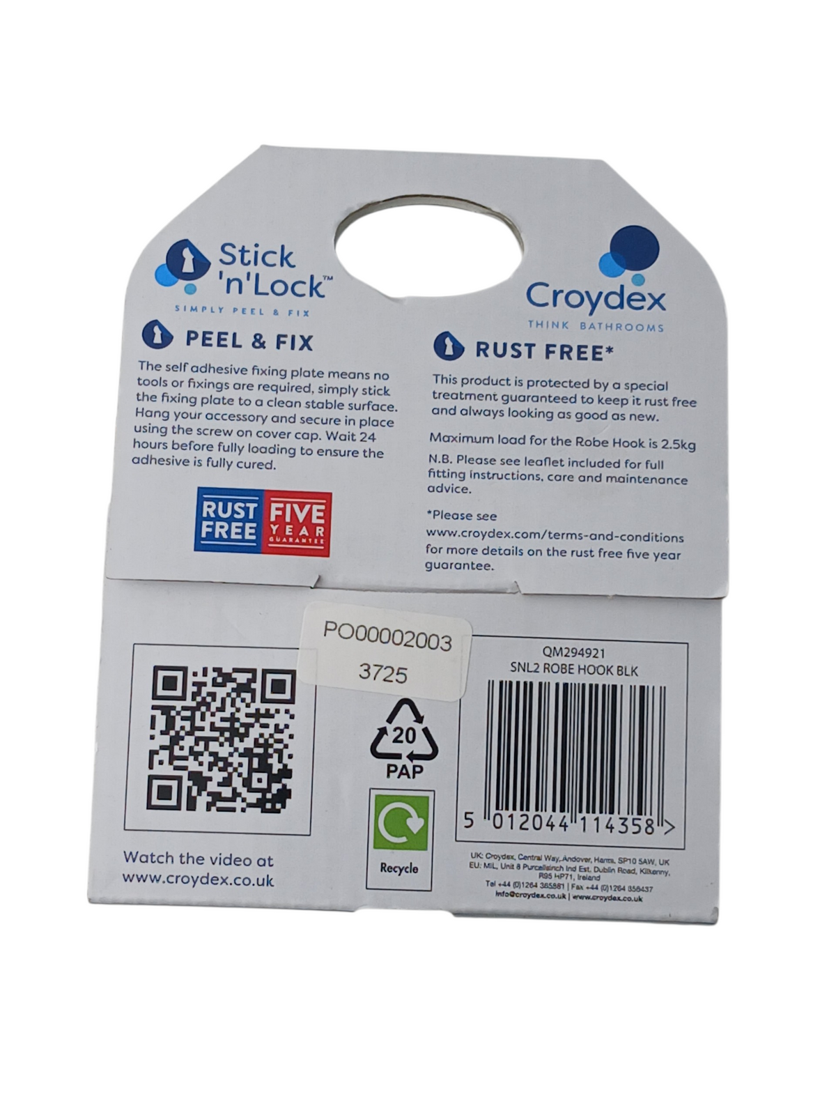Department Store UK Croydex Stick 'n' Lock robe hook packaging back view with installation and warranty information