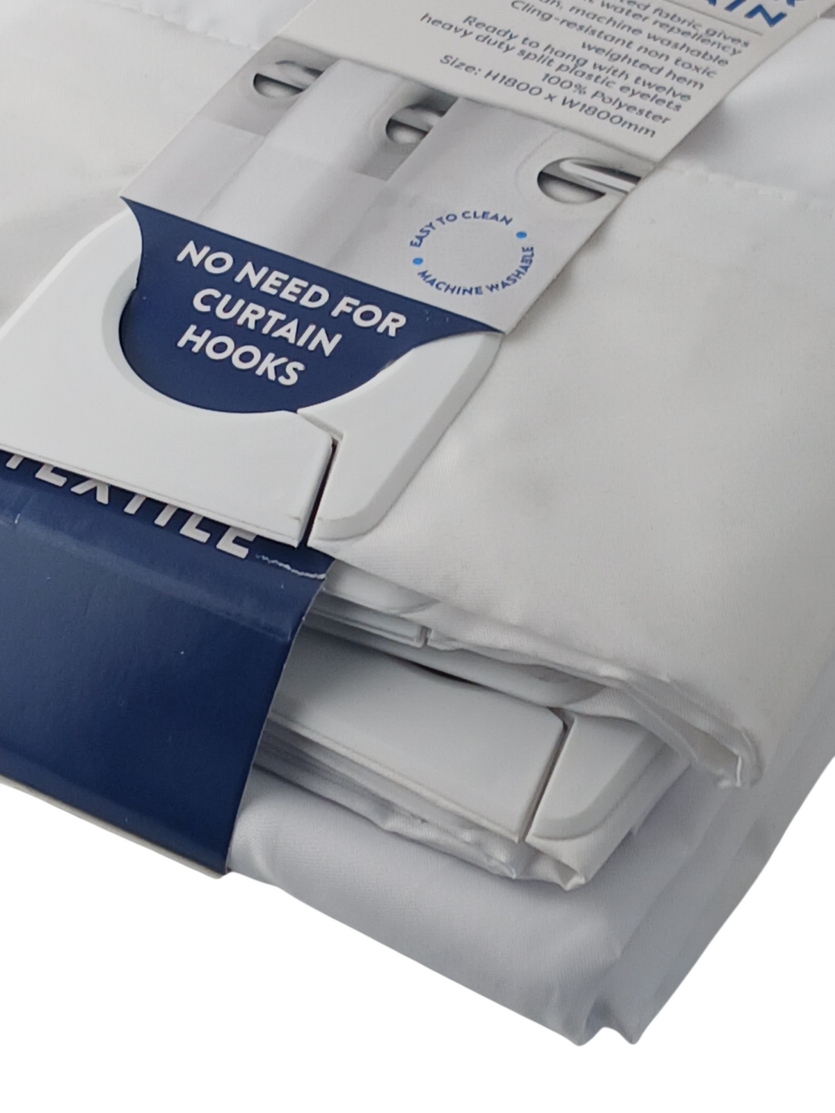Department Store UK Croydex white fabric shower curtain with innovative hookless split-eyelet design for easy hanging.