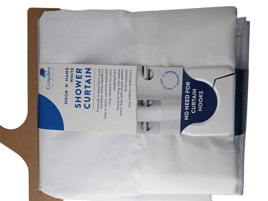 Department Store UK Croydex white fabric shower curtain in packaging with split-eyelet design for hookless hanging.