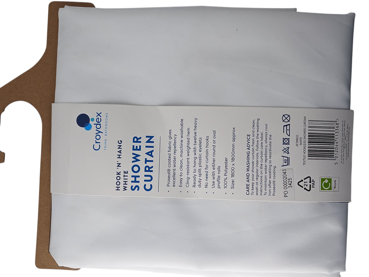 Department Store UK Croydex white fabric shower curtain in packaging with hookless split-eyelet design details