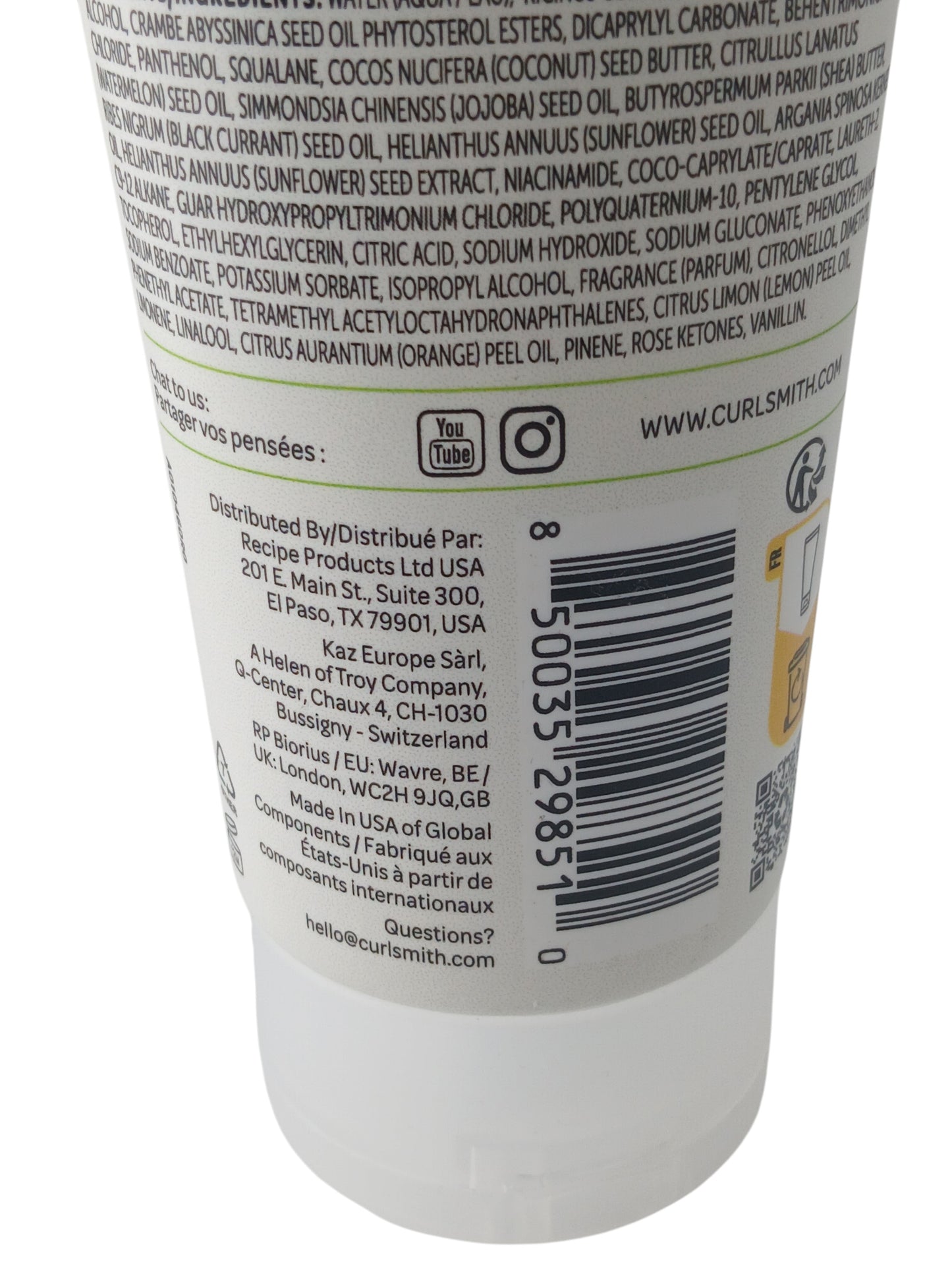 Department Store UK Curlsmith Frizz Control Conditioner bottle back label with ingredients and barcode