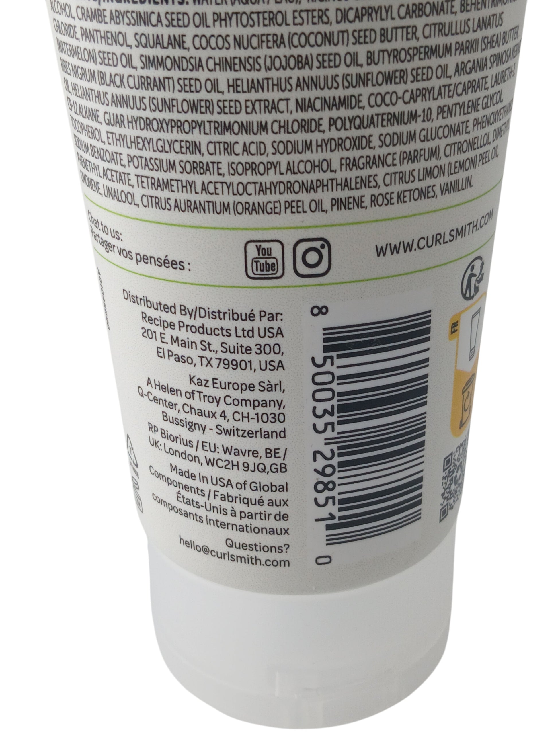Department Store UK Curlsmith Frizz Control Conditioner bottle back label with ingredients and barcode