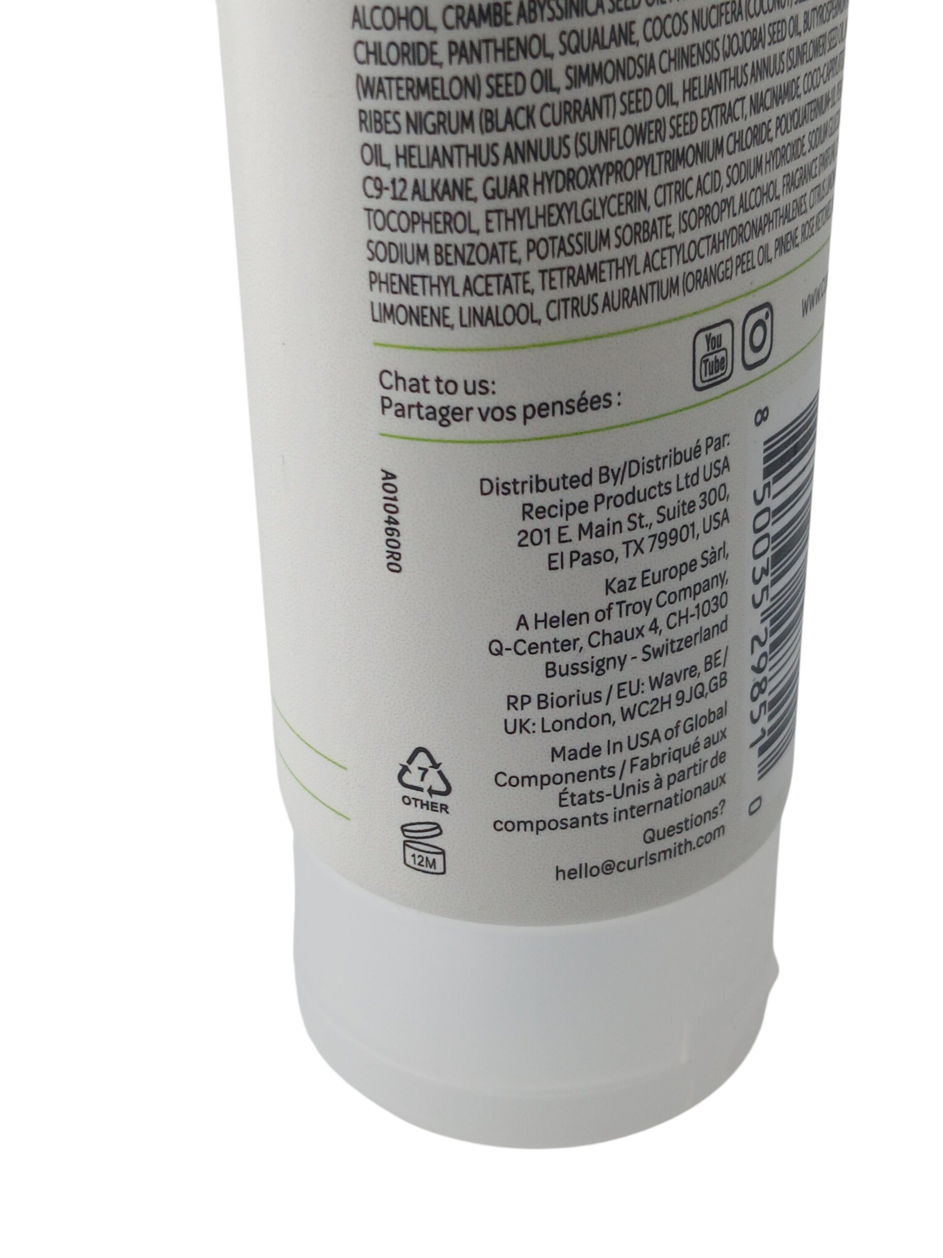 Department Store UK Curlsmith Frizz Control Conditioner bottle back label with ingredients and distribution details