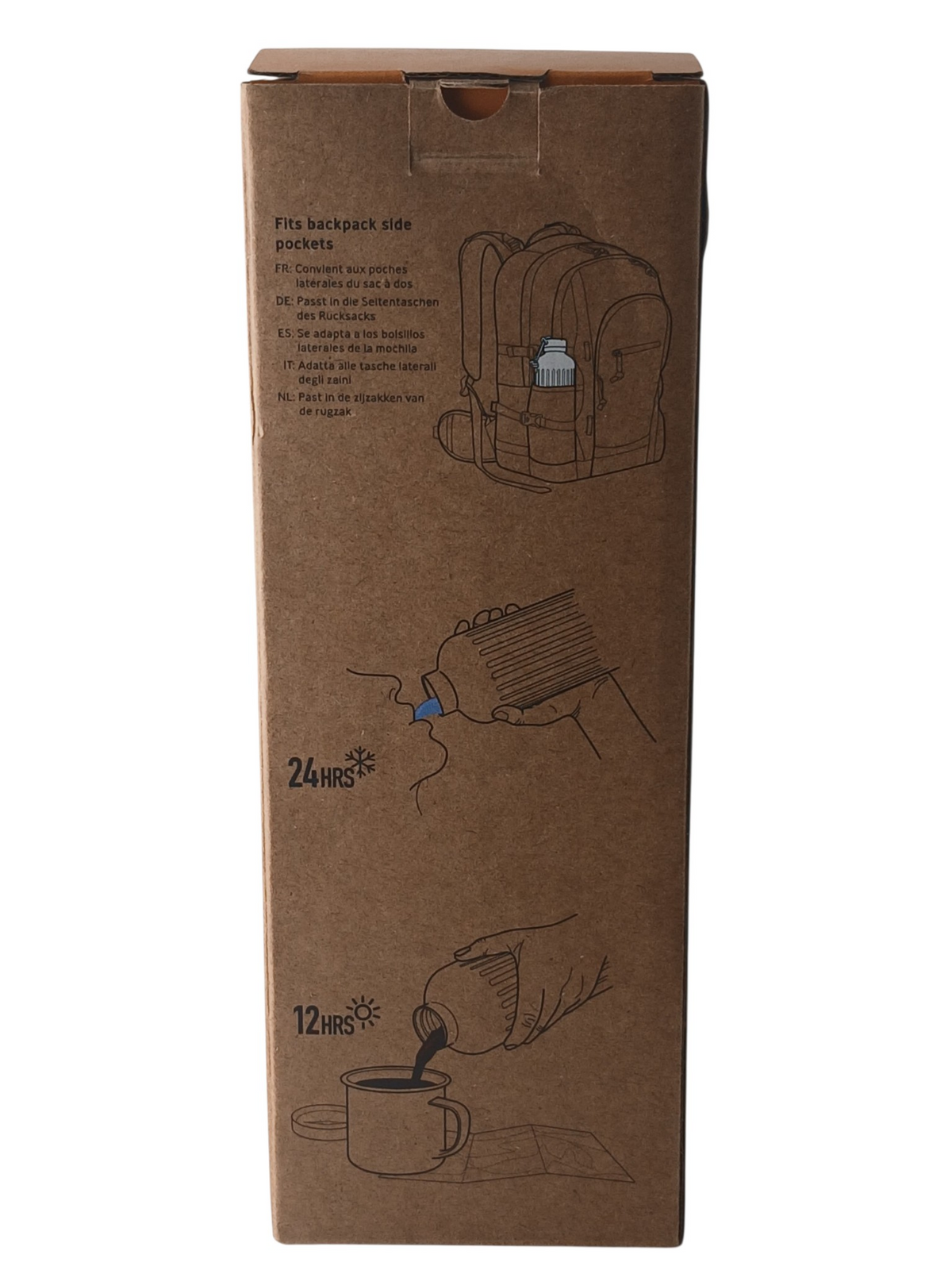 Department Store UK black+blum Explorer bottle packaging showing illustrations of backpack fit and temperature usage