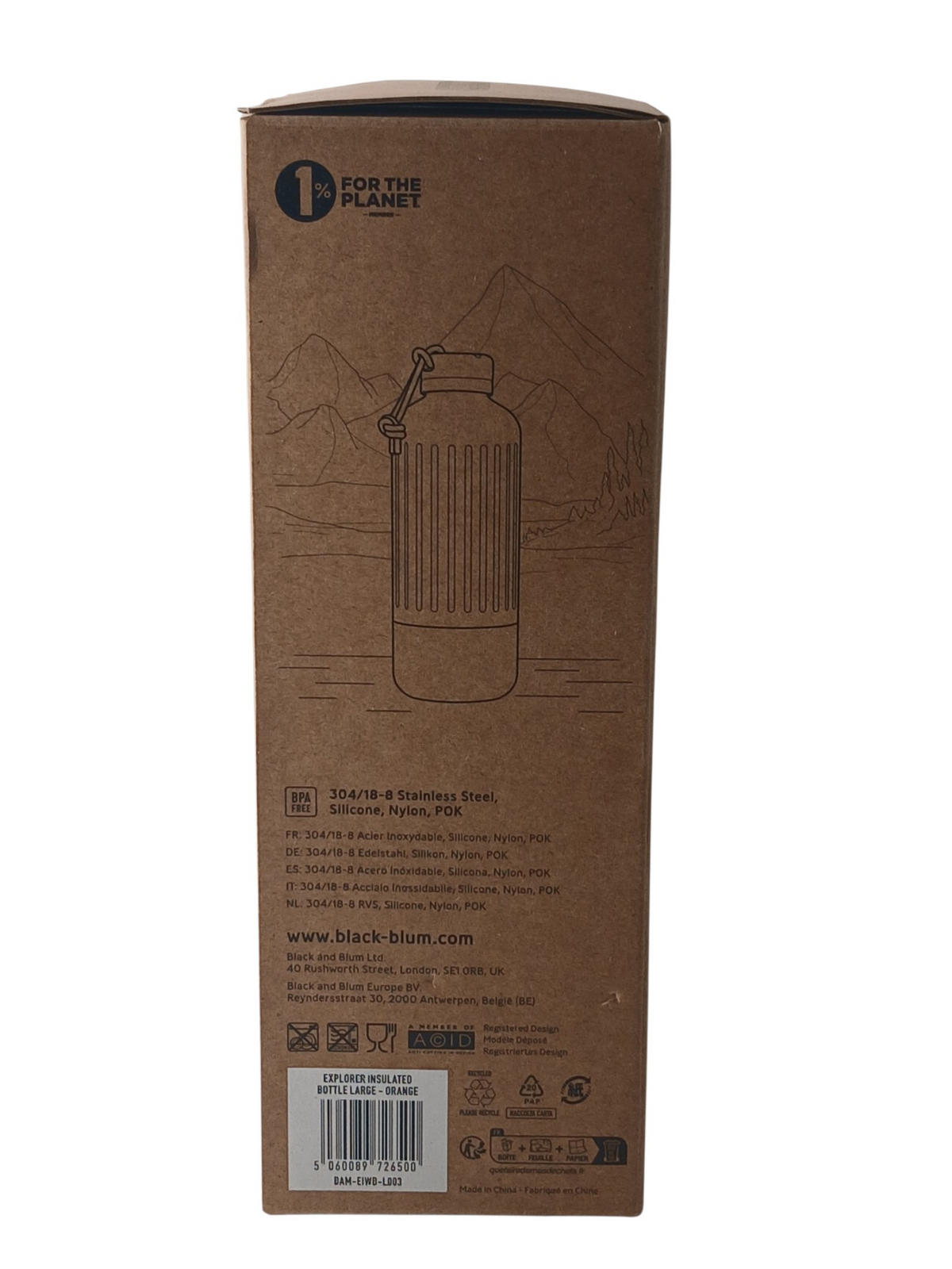 Department Store UK packaging box for the black+blum Explorer insulated bottle featuring product details and branding