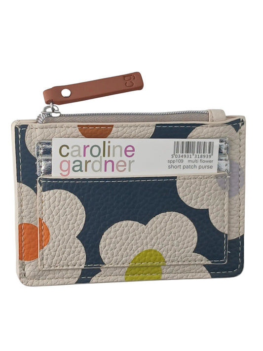 Department Store UK Caroline Gardner floral zip top card purse with navy background and brown leather pull tab