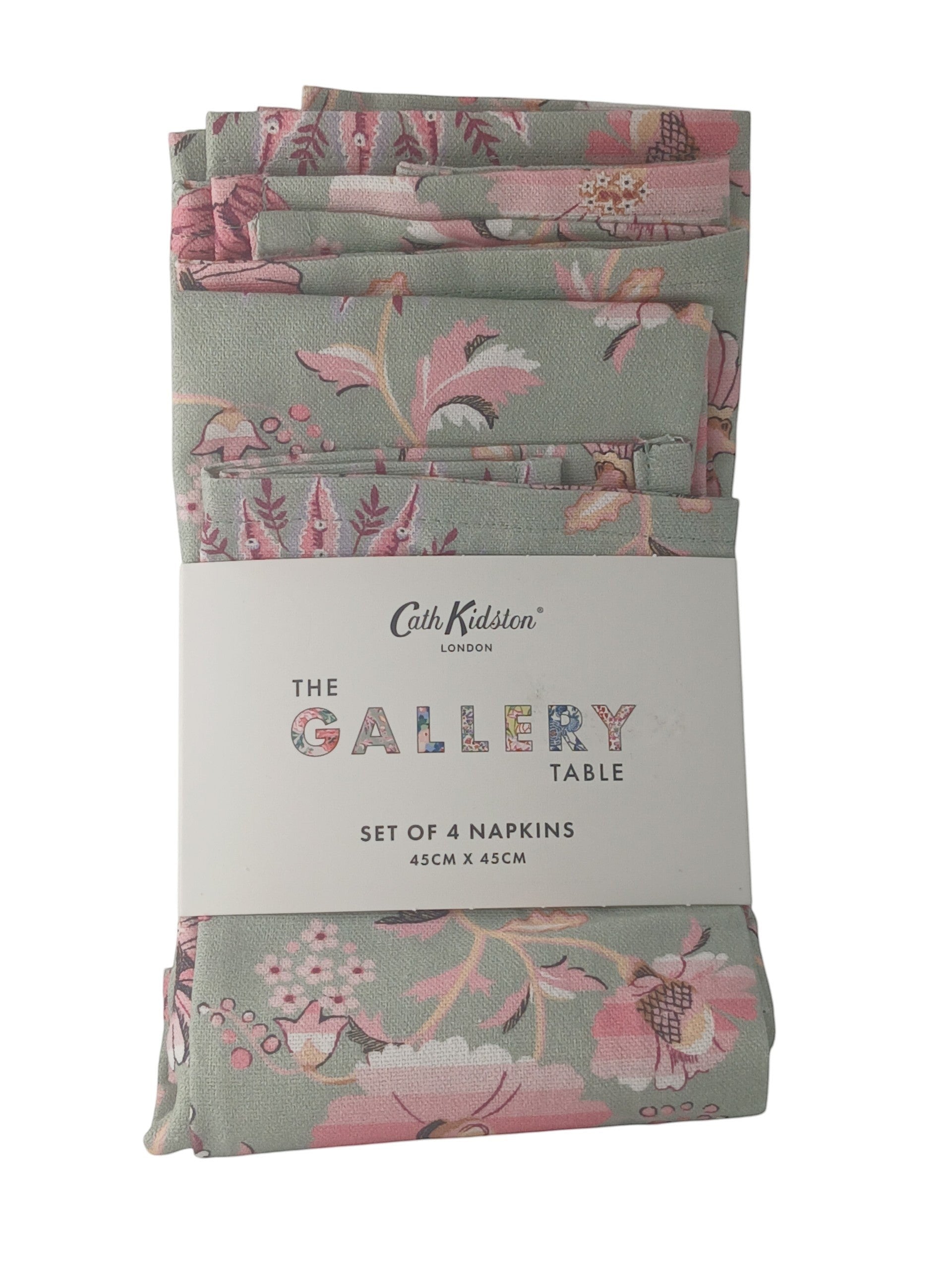 Department Store UK Cath Kidston cotton napkins in sage green with a vintage pink floral print, set of four.