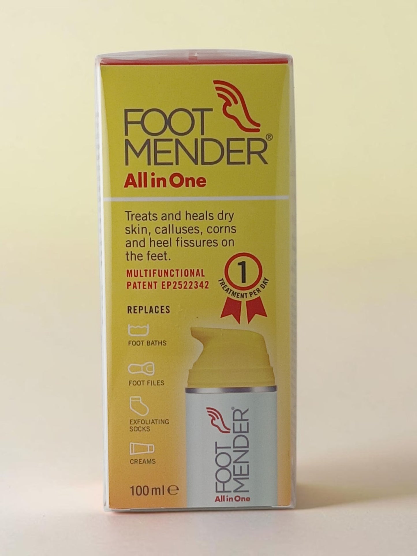 Department Store UK Footmender All in One foot treatment bottle in yellow and white packaging for dry skin and heels.