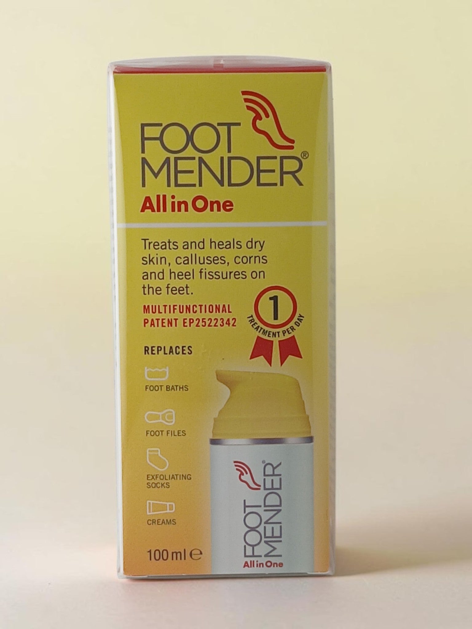 Department Store UK Footmender All in One foot treatment bottle in yellow and white packaging for dry skin and heels.