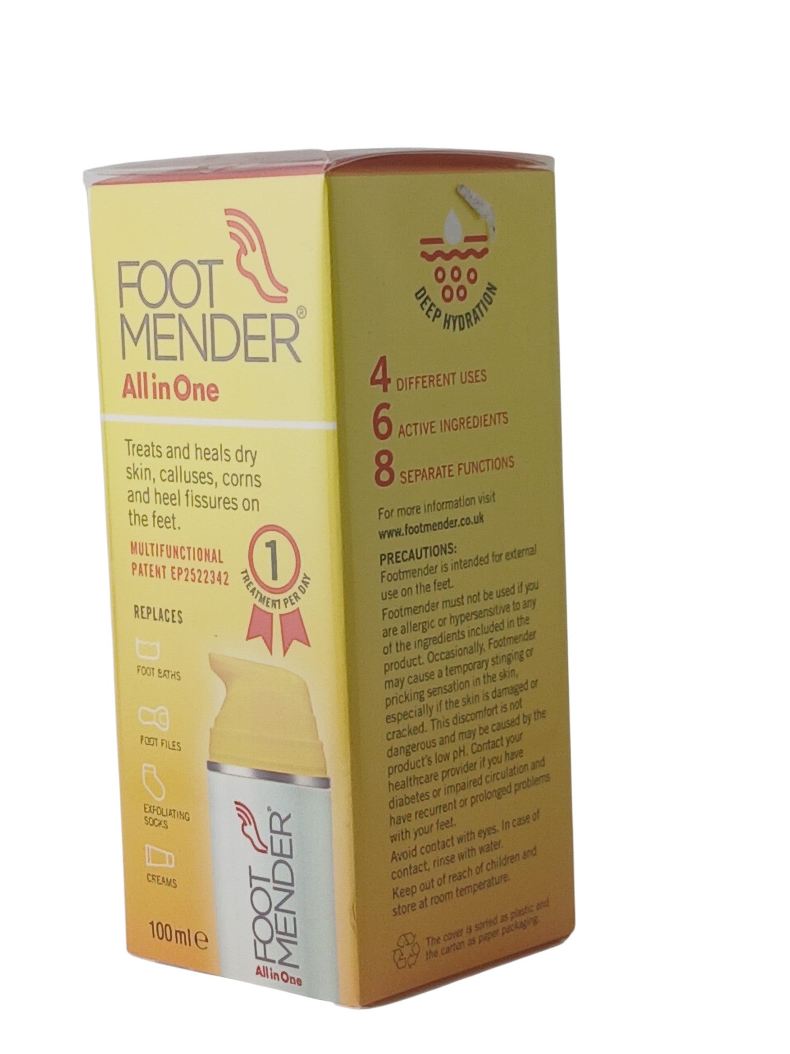 Department Store UK Footmender All in One foot treatment box showing benefits, ingredients, and pump bottle design.