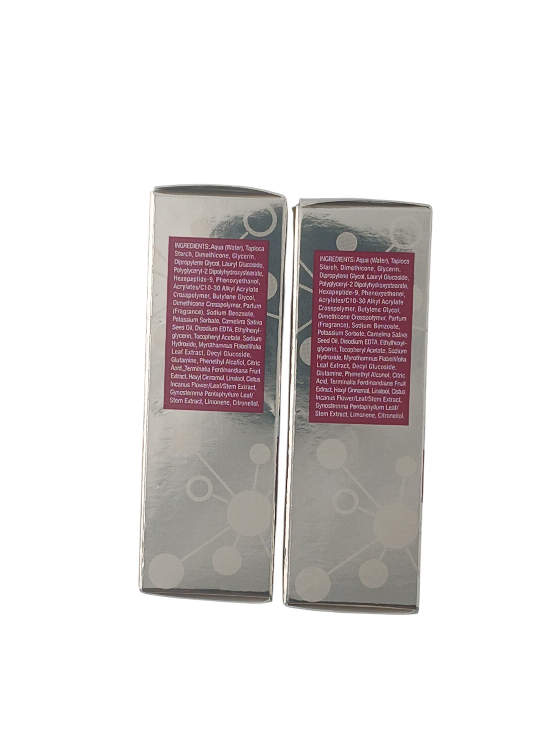 Department Store UK Super Facialist Hexapeptide 9 serum twin pack boxes showing ingredient lists on silver packaging