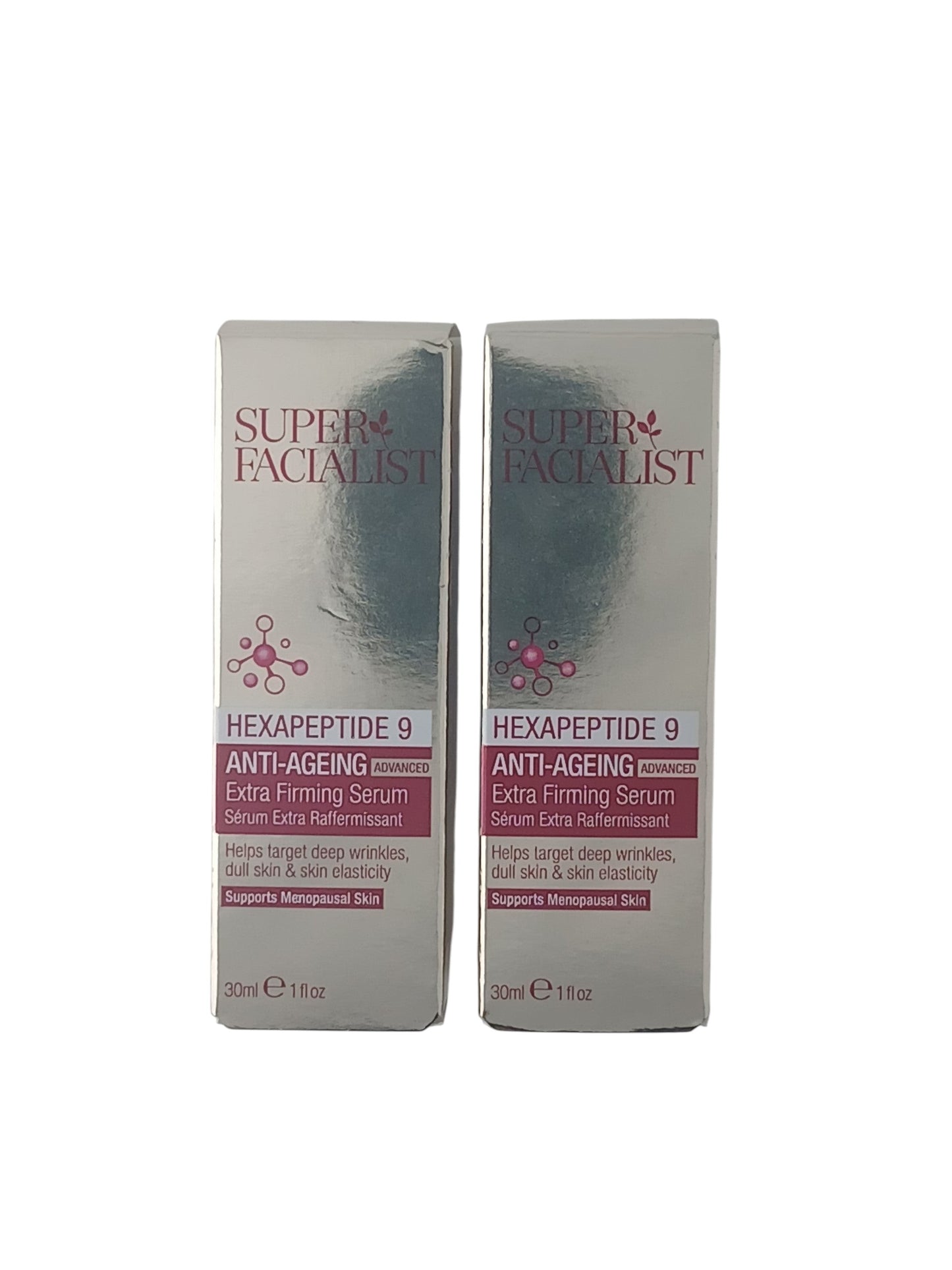 Department Store UK twin pack of Super Facialist Hexapeptide 9 anti-ageing extra firming serum in silver boxes.