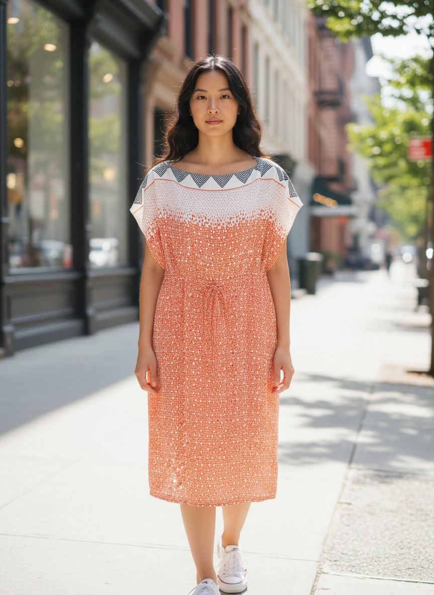 Department Store UK Hobbs London printed shift dress in orange and white with short sleeves worn by a woman outdoors
