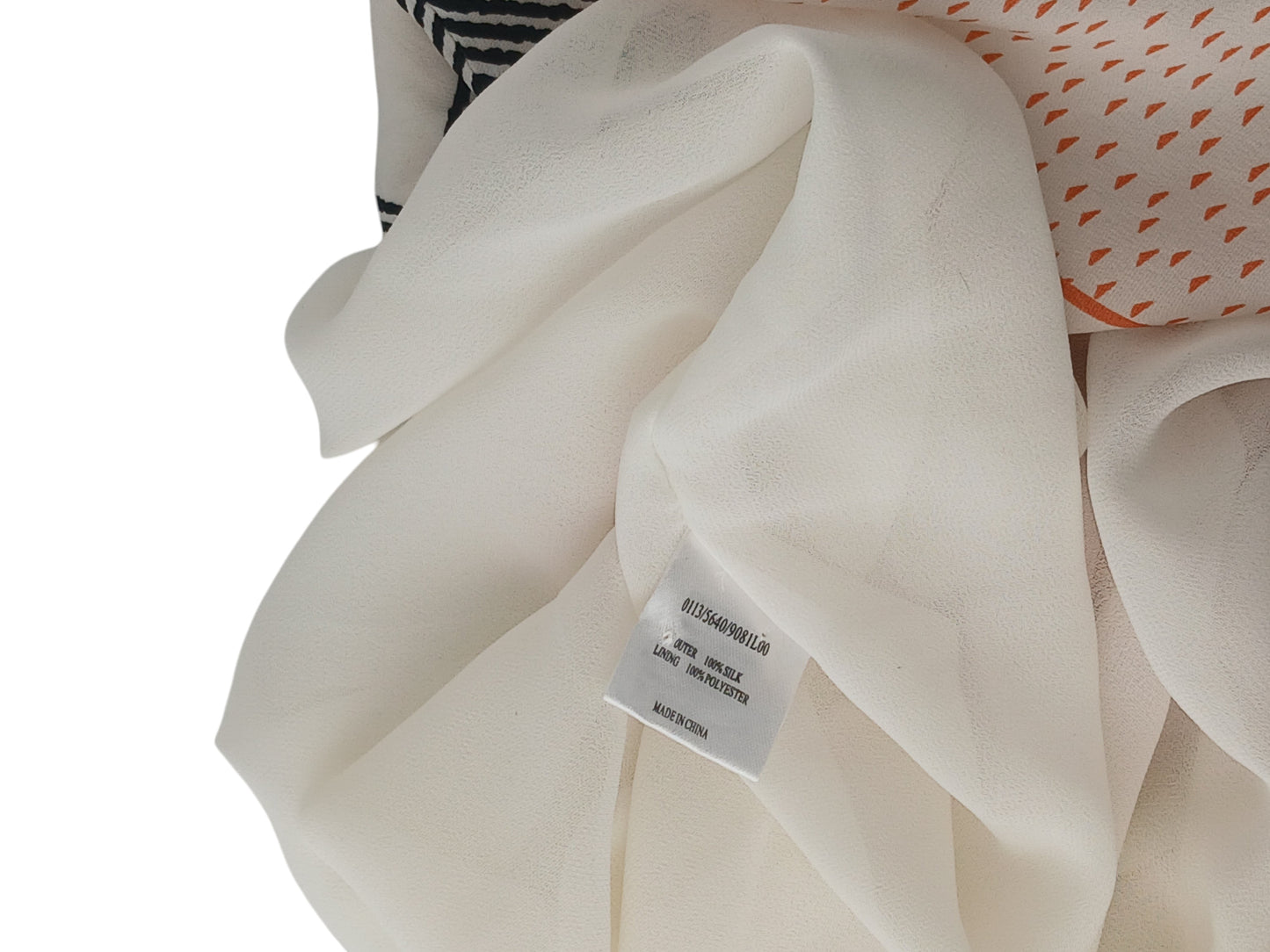 Department Store UK pre-loved HOBBS silk dress fabric detail showing white material and patterned orange print