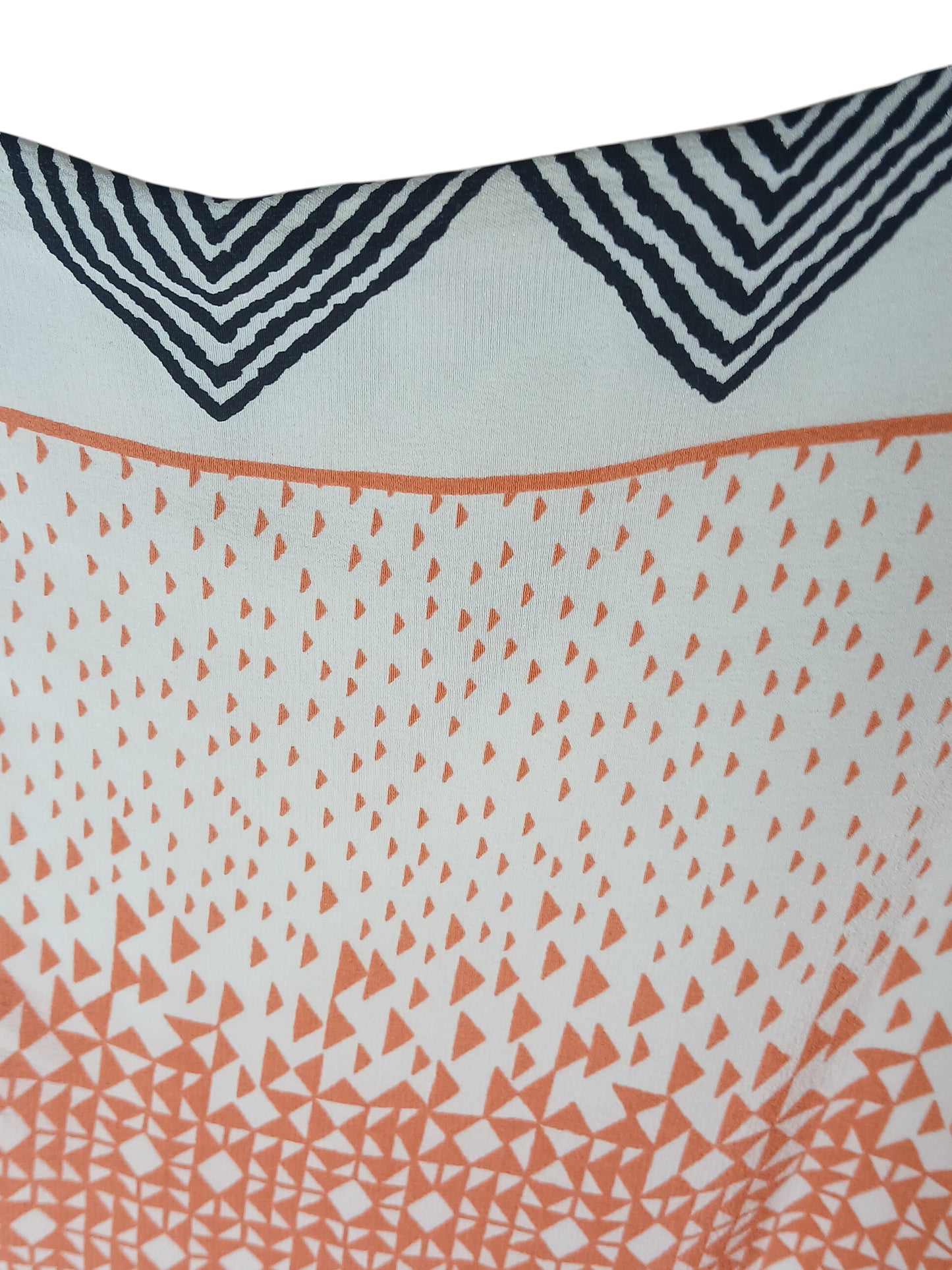 Department Store UK pre-loved HOBBS silk dress featuring a white base with orange geometric print and navy trim.