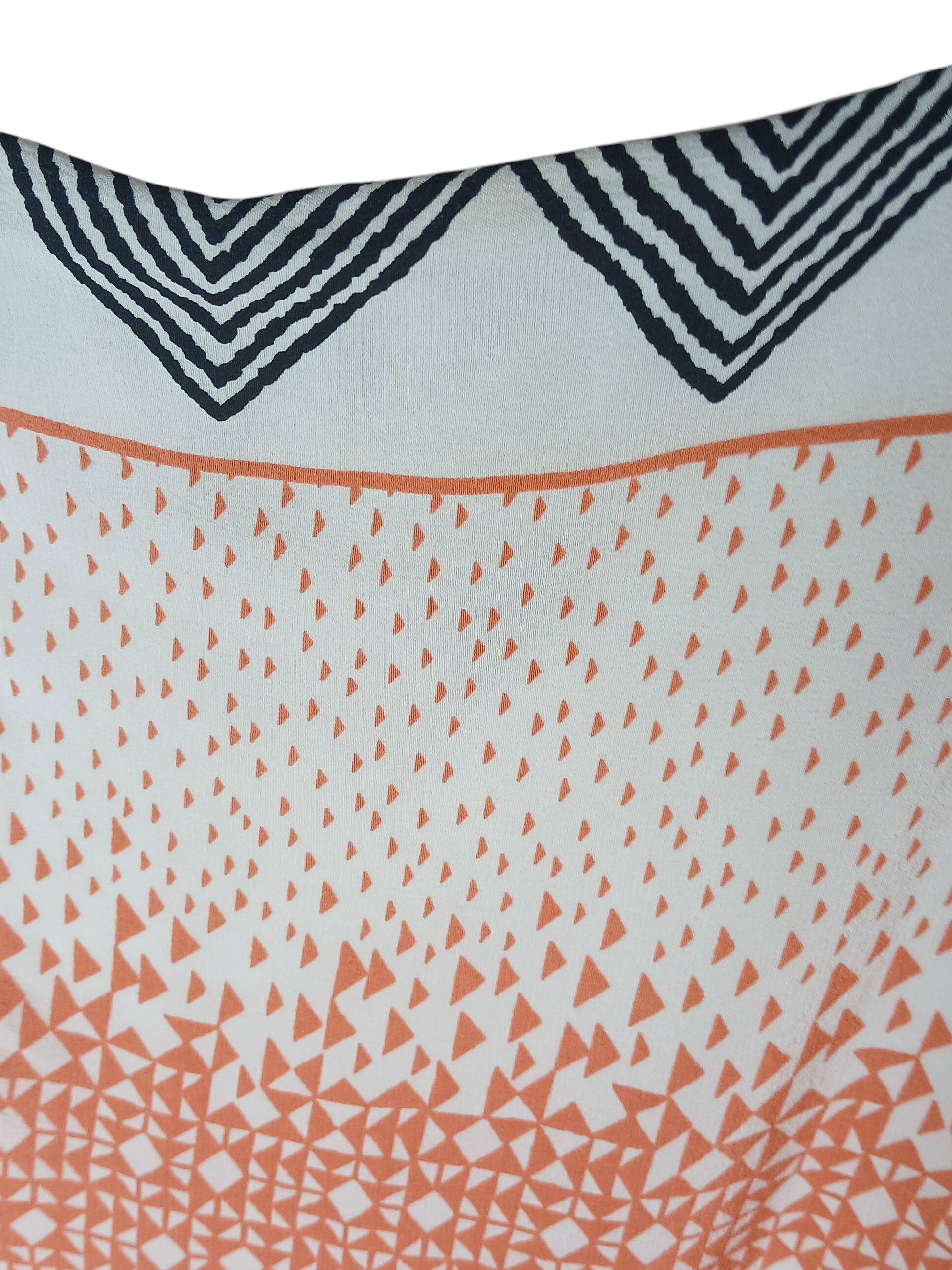 Department Store UK pre-loved HOBBS silk dress featuring a white base with orange geometric print and navy trim.