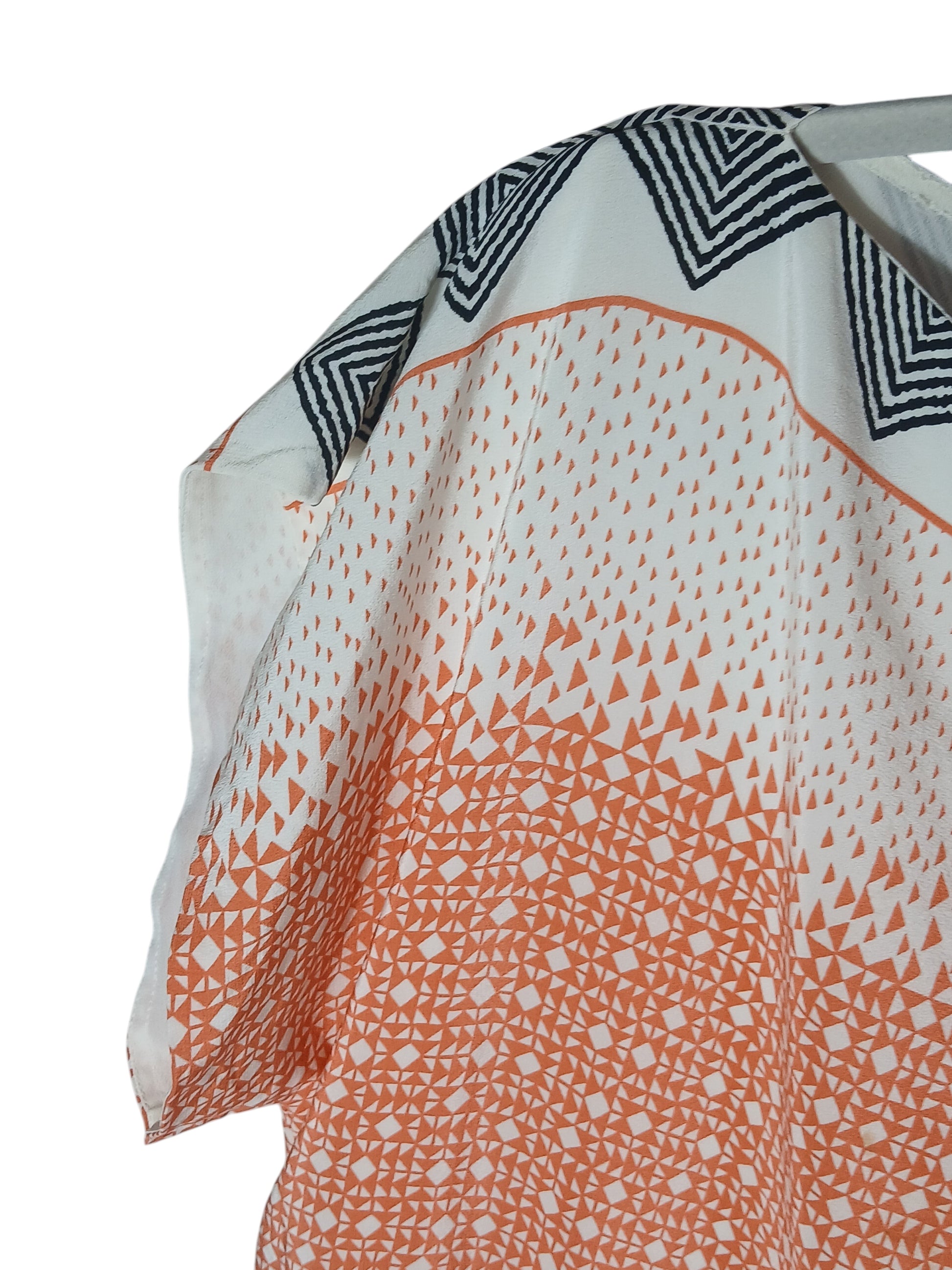 Department Store UK pre-loved HOBBS silk dress featuring a white, orange, and black geometric triangle print.