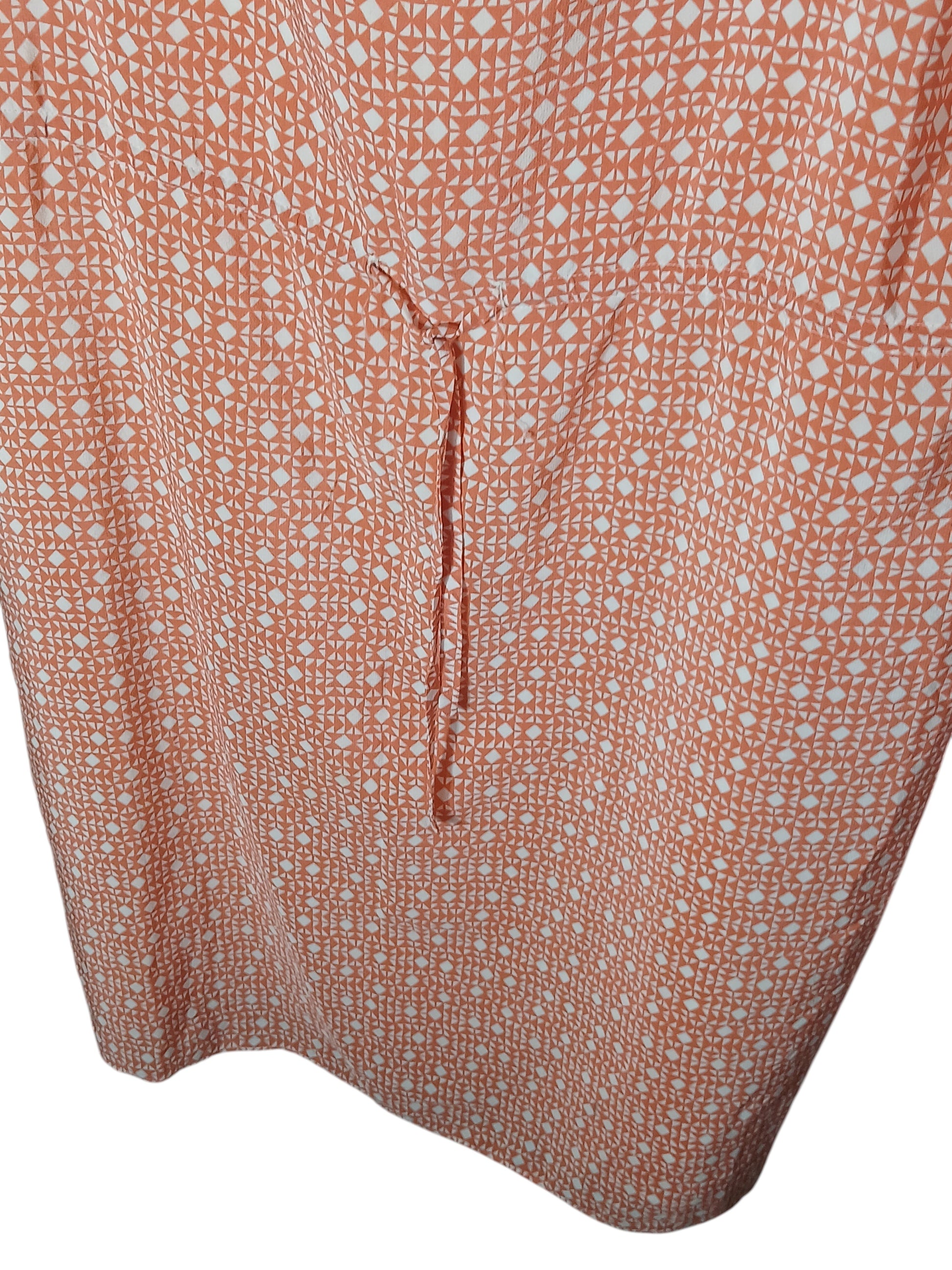 Department Store UK pre-loved HOBBS silk dress in a peach and white geometric print with a drawstring waist detail.
