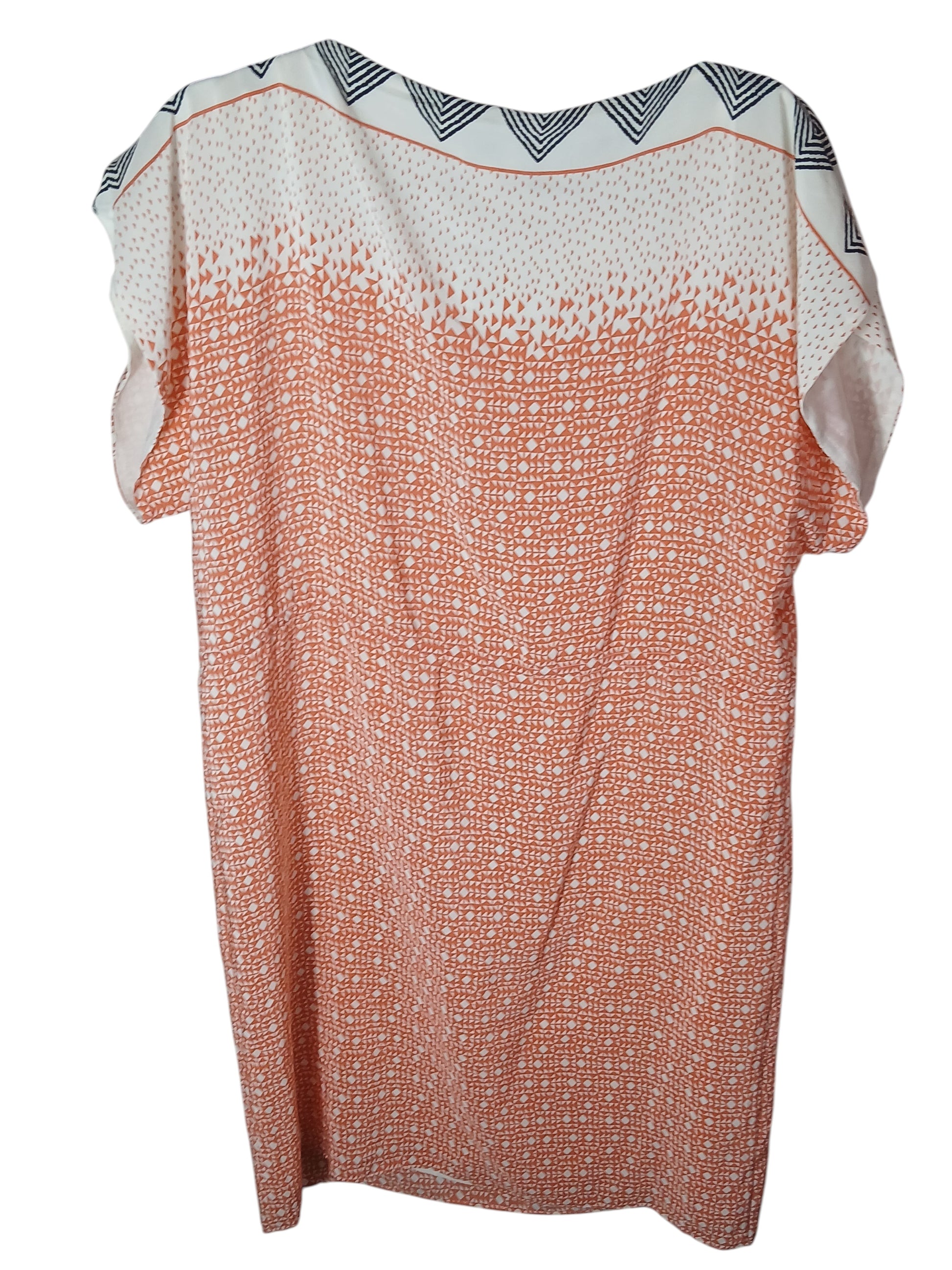 Department Store UK pre-loved HOBBS silk dress featuring a geometric orange and white print with short sleeves.
