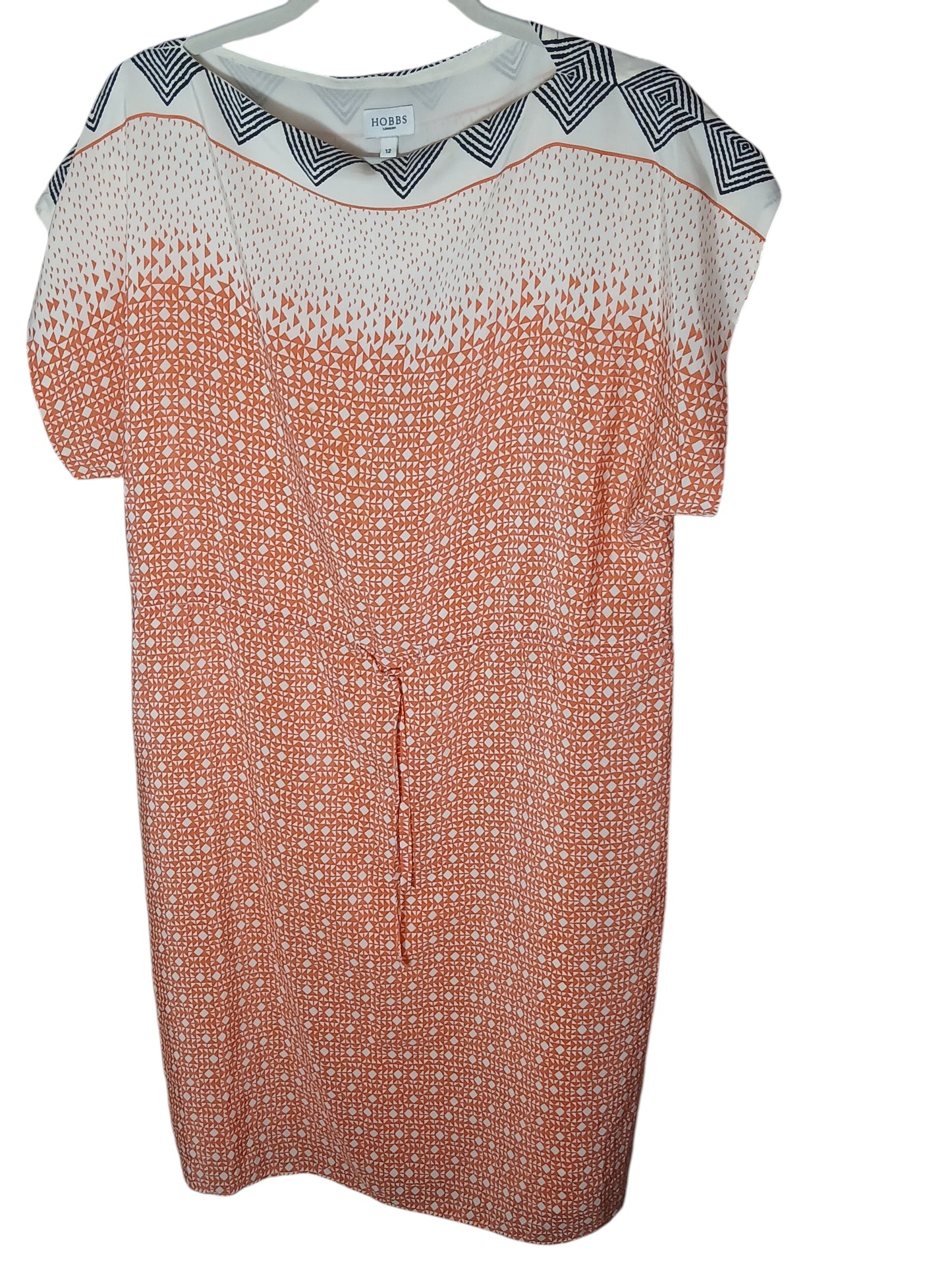 Department Store UK pre-loved HOBBS silk dress with orange and white geometric print and short sleeves
