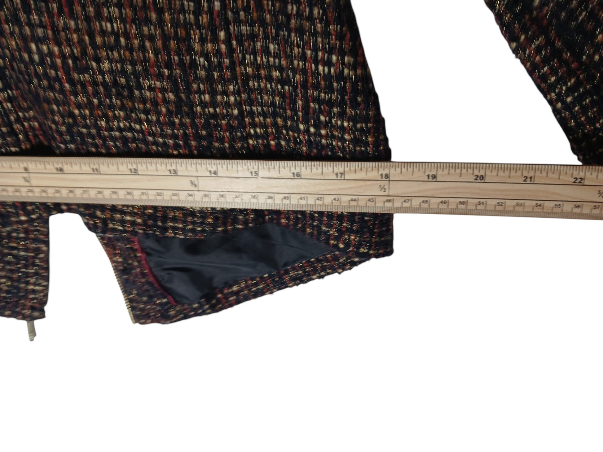 Department Store UK Jasper Conran multicolour bouclé jacket with a wooden ruler showing measurements