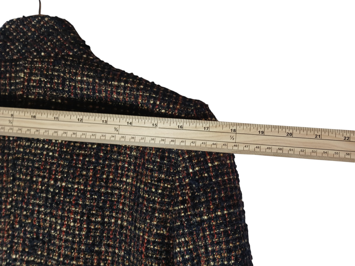 Department Store UK Jasper Conran multicolour textured bouclé jacket with a wooden ruler showing shoulder width
