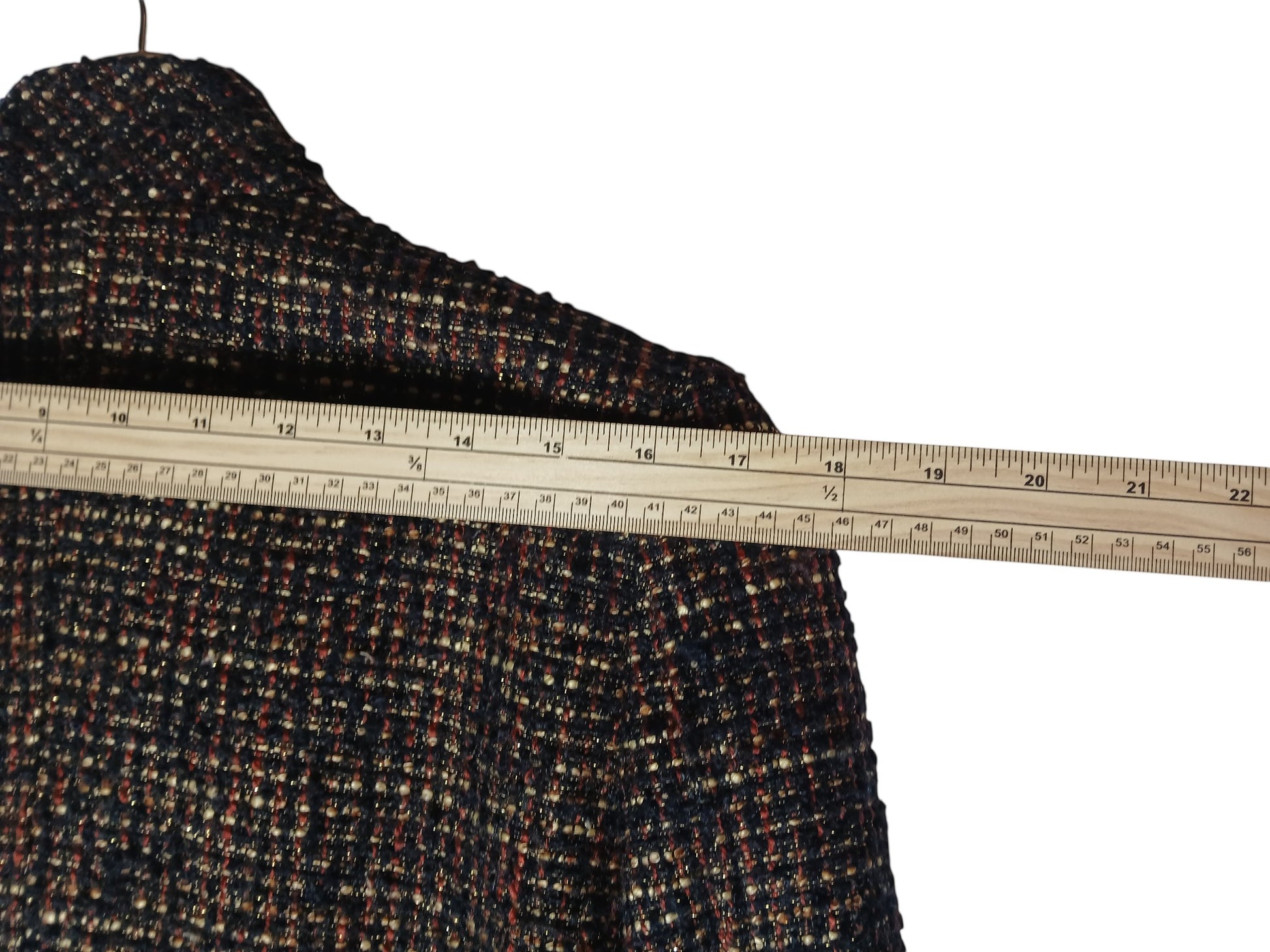 Department Store UK Jasper Conran multicolour textured bouclé jacket with a wooden ruler showing shoulder width