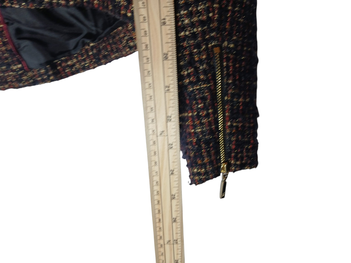 Department Store UK Jasper Conran multicolour bouclé jacket sleeve with gold zip detail and measuring tape