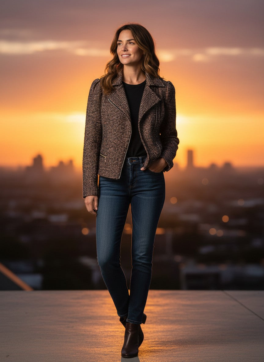 Department Store UK Jasper Conran multicolour bouclé jacket with zip front worn by a woman at sunset