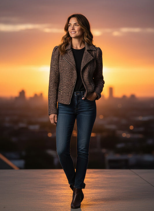 Department Store UK Jasper Conran multicolour bouclé jacket with zip front worn by a woman at sunset