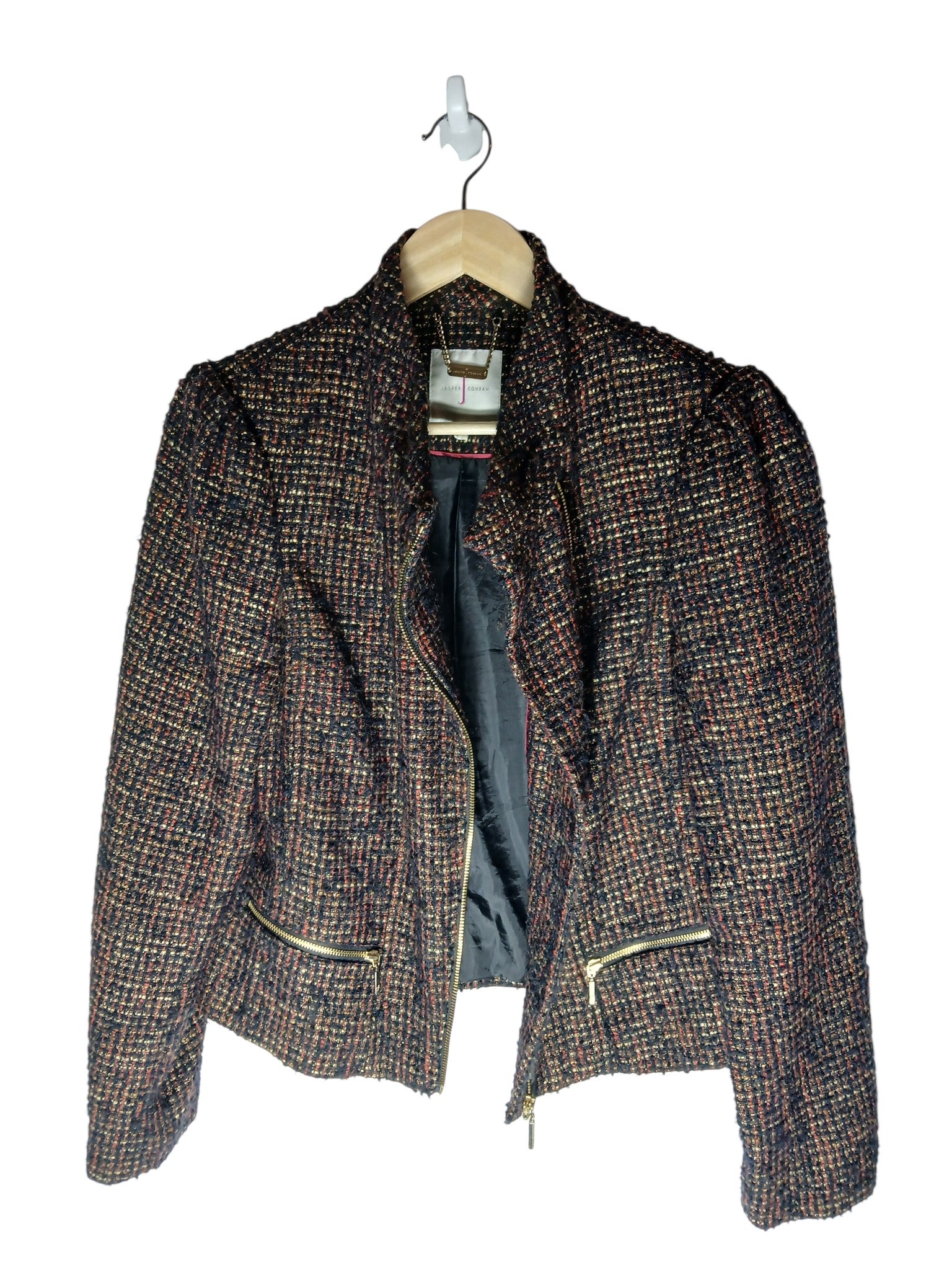 Department Store UK pre-loved Jasper Conran multicolour textured bouclé jacket with zip-front and gold hardware