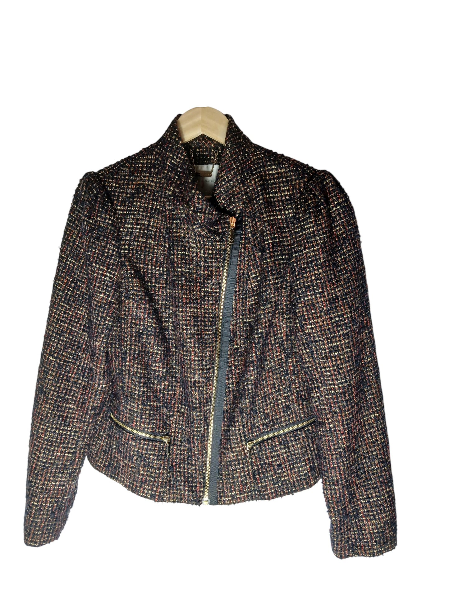 Department Store UK pre-loved Jasper Conran multicolour textured bouclé jacket with a structured zip-front design.